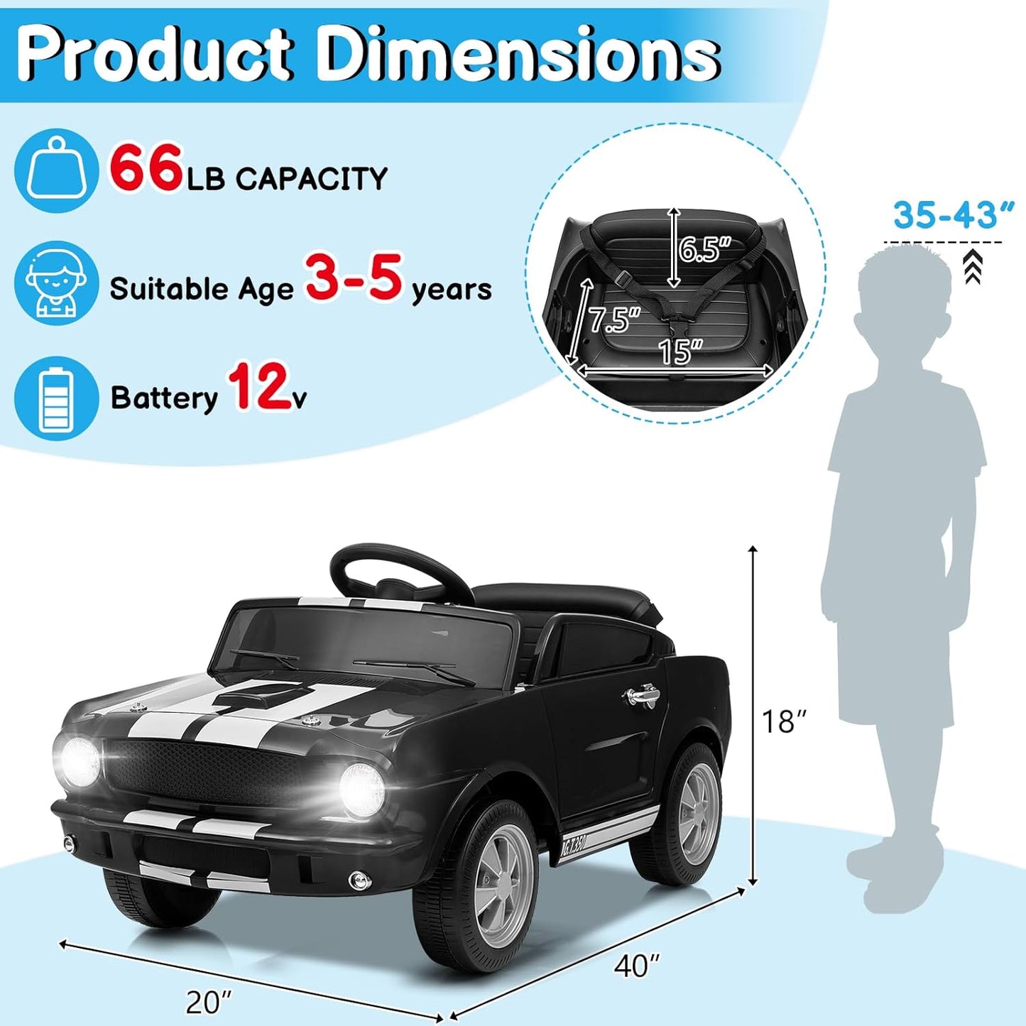Winado 12V Licensed Shelby Electric Car for Kids, Battery Powered Ride On Toy for Toddlers with Remote Control, Upgrade Panel, Bluetooth, Shock Absorbers, Safety Belt, 3 Speeds, LED Lights - Black
