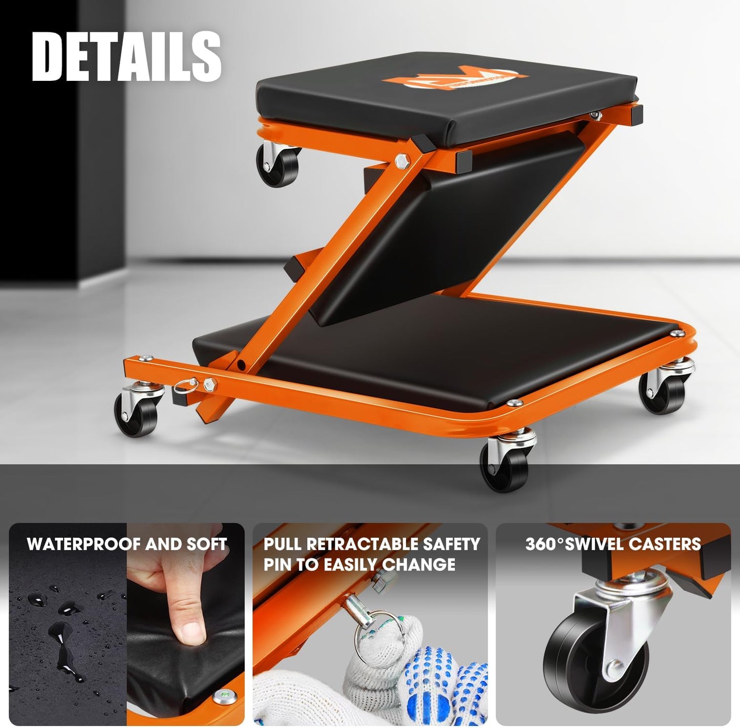 PM PERFORMOTOR 36 Inches Folding 2 in 1 Rolling Z Creeper, Adjustable Roller Garage Chair Lay Down or Sit, 6 Pcs 2" Casters, 150kg Weight Capacity, OrangePM-TOL-CPS36-OG