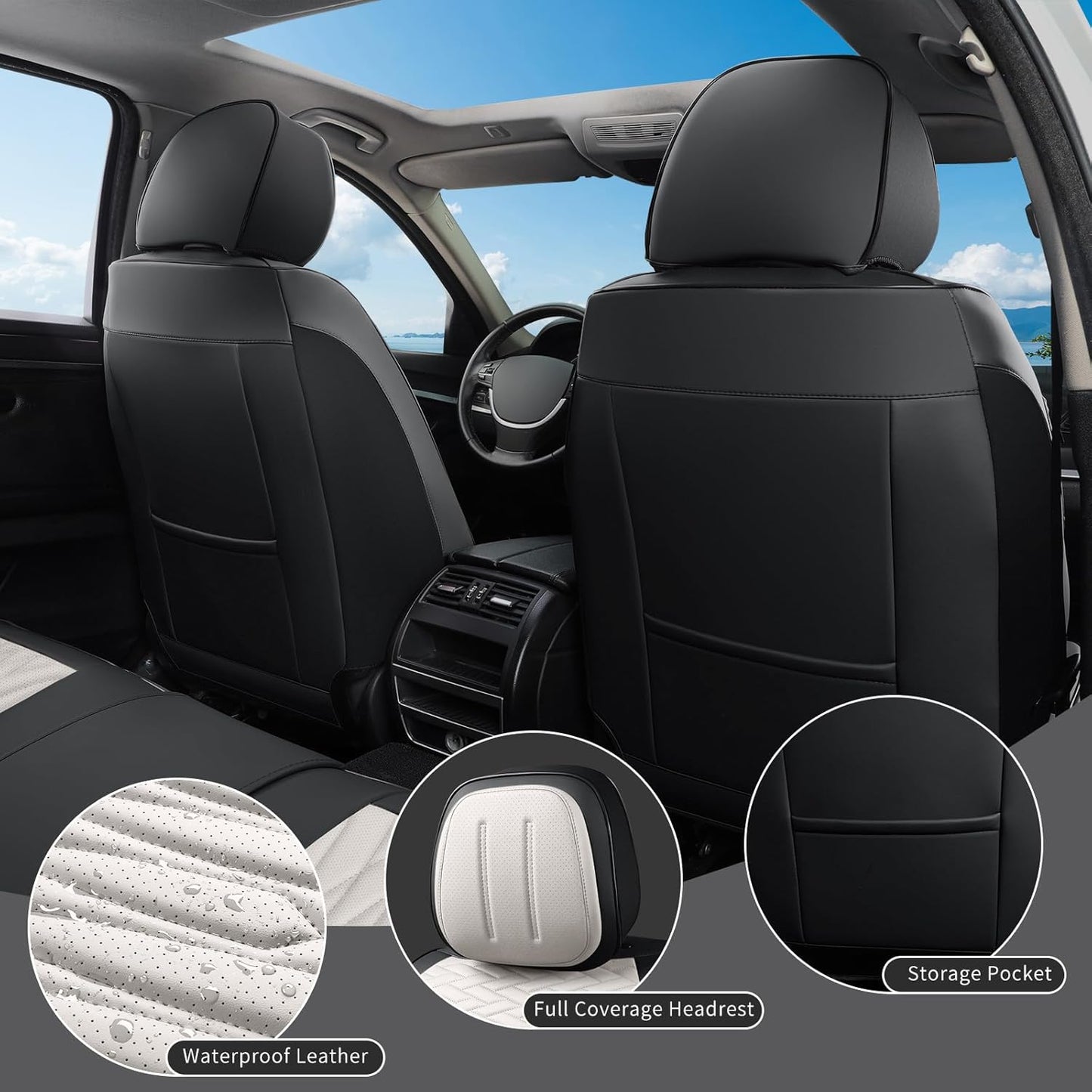 Car Seat Covers Full Set, Leather Seat Covers for Cars, Car Seat Protector Waterproof, Non-Slip Car Interior Covers Fit for Most Cars, SUV, Vans, Trucks,2Seats,Full Set,Black-White