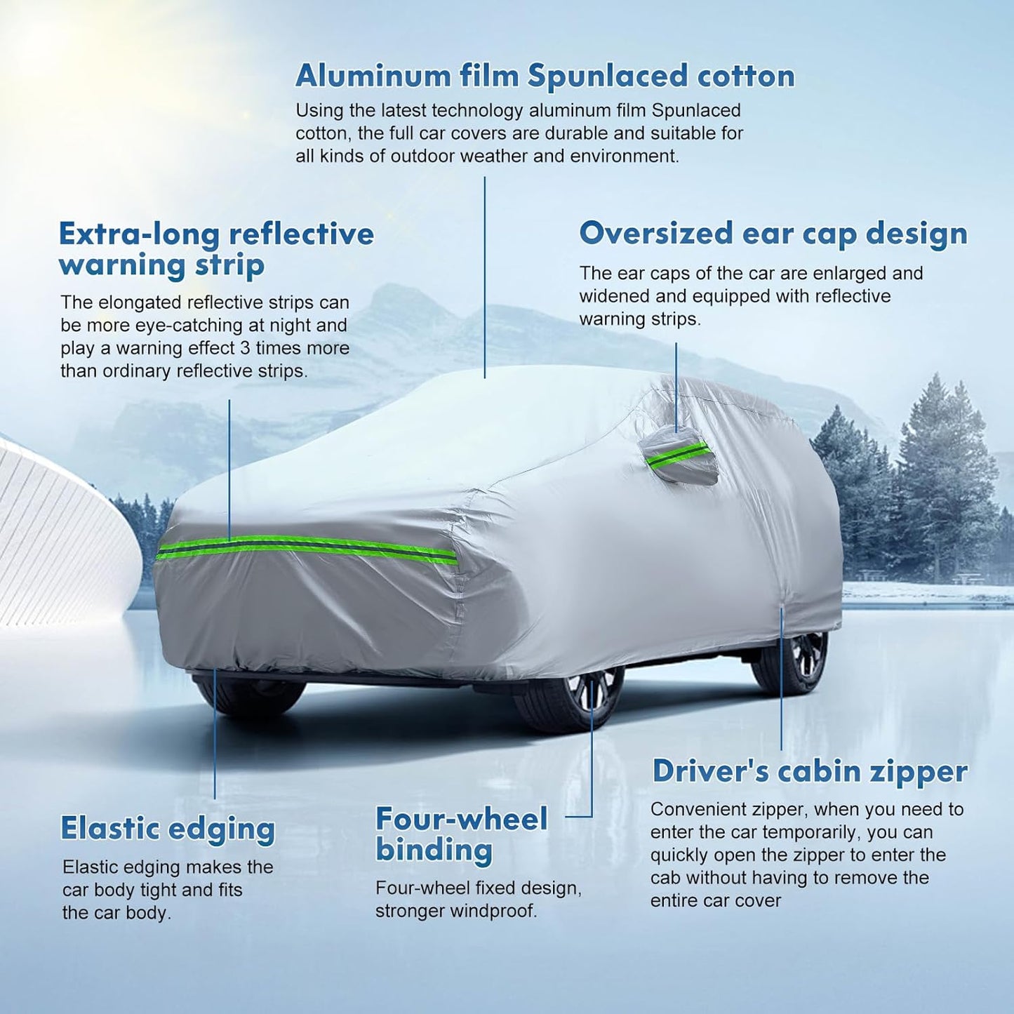 KEYOOG 6-Layer Full Car Cover is All-Weather Waterproof, All Seasons, Snow Prevention Rainproof, Acid Rainproof, Sunscreen, Ultraviolet-Proof, Fits Hatchbacks up to 173 ", Green Reflective Strip