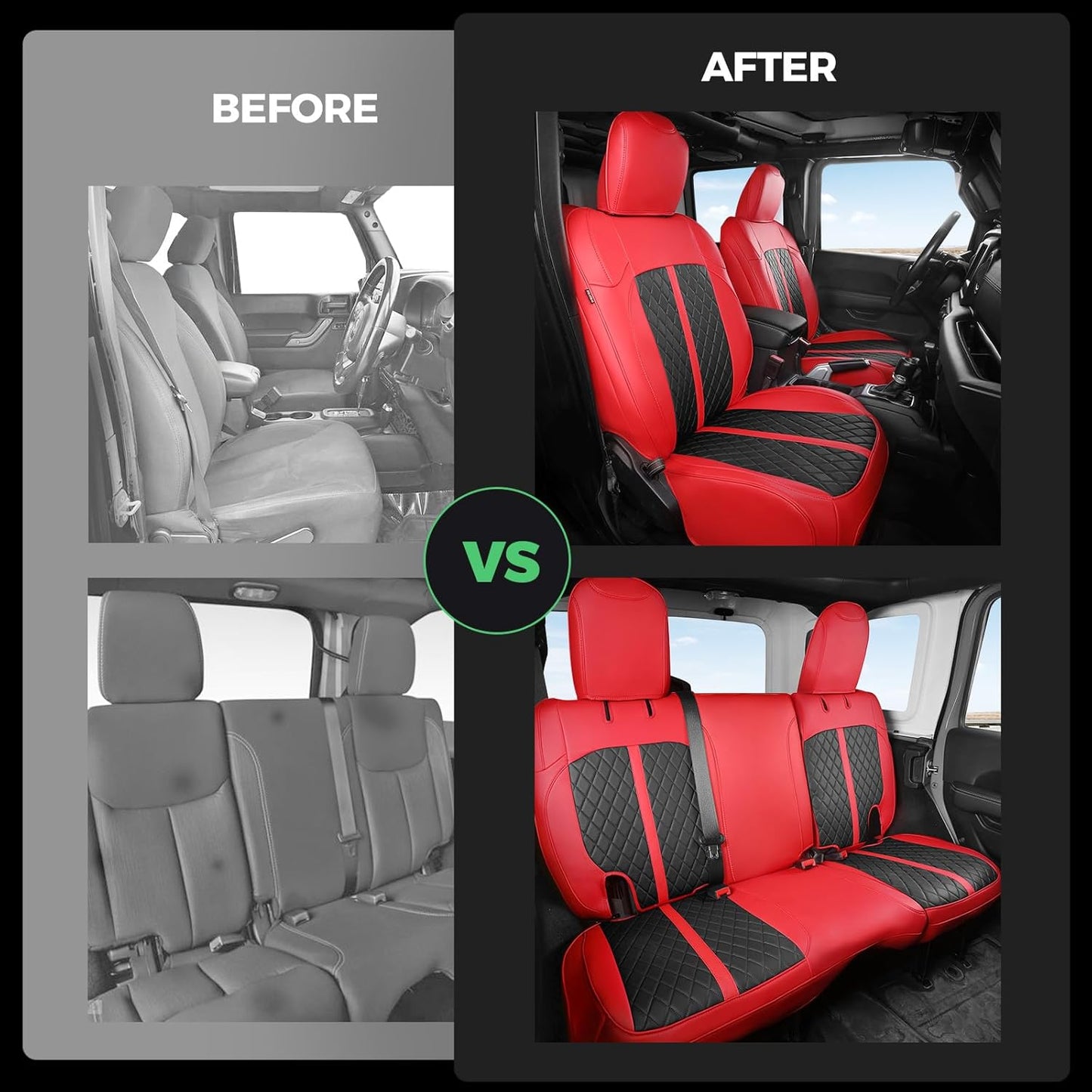 for Jeep Wrangler Seat Covers 4Door JK 2013 2014 2015 2016 2017, Custom Fit Car Seat Cover Full Set, Luxury Leather Seat Protectors, Waterproof SUV Interior Cushions Accessories, Red Black