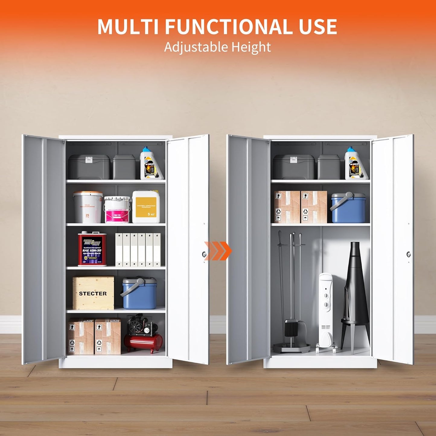 Metal Storage Cabinet with Adjustable Shelves, Garage Tool Cabinet with 2 Lockable Doors for Office, Home, Garage, Require Assembly, White