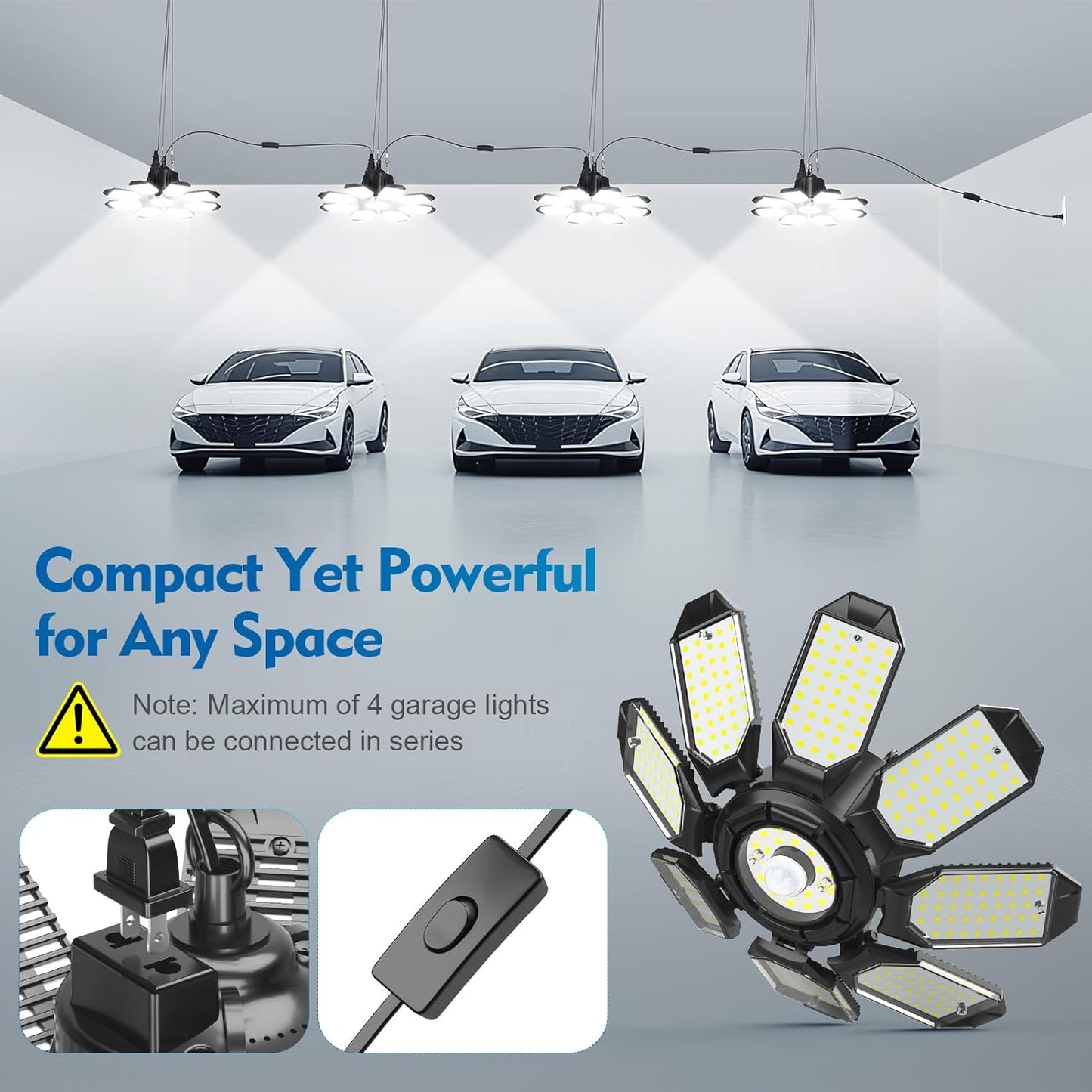 TANBABY 2 Pack Motion Sensor Garage Light, Deformable Garage Lights Ceiling LED Plug in Cord, Plug in Shop Lights with 8+1 Panels Bulb for Basement