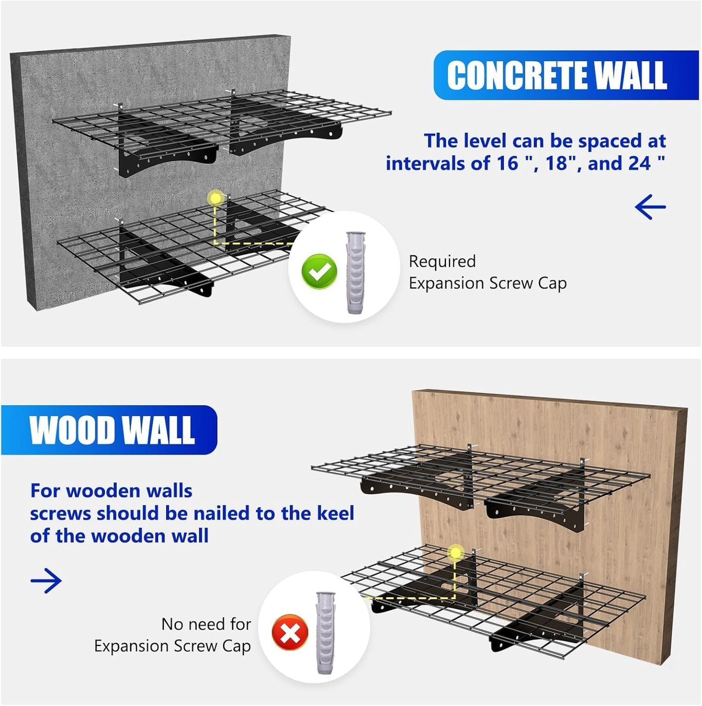 2-Pack Garage Wall Shelving, 2x6ft Walls Shelf Storage Rack, Sturdy Walls Shelves for 1200 LBS, Black, Heavy Duty Garage Shelving Wall Mounted for Storeroom, Kitchens and Basement, 70.86" x 23.6"