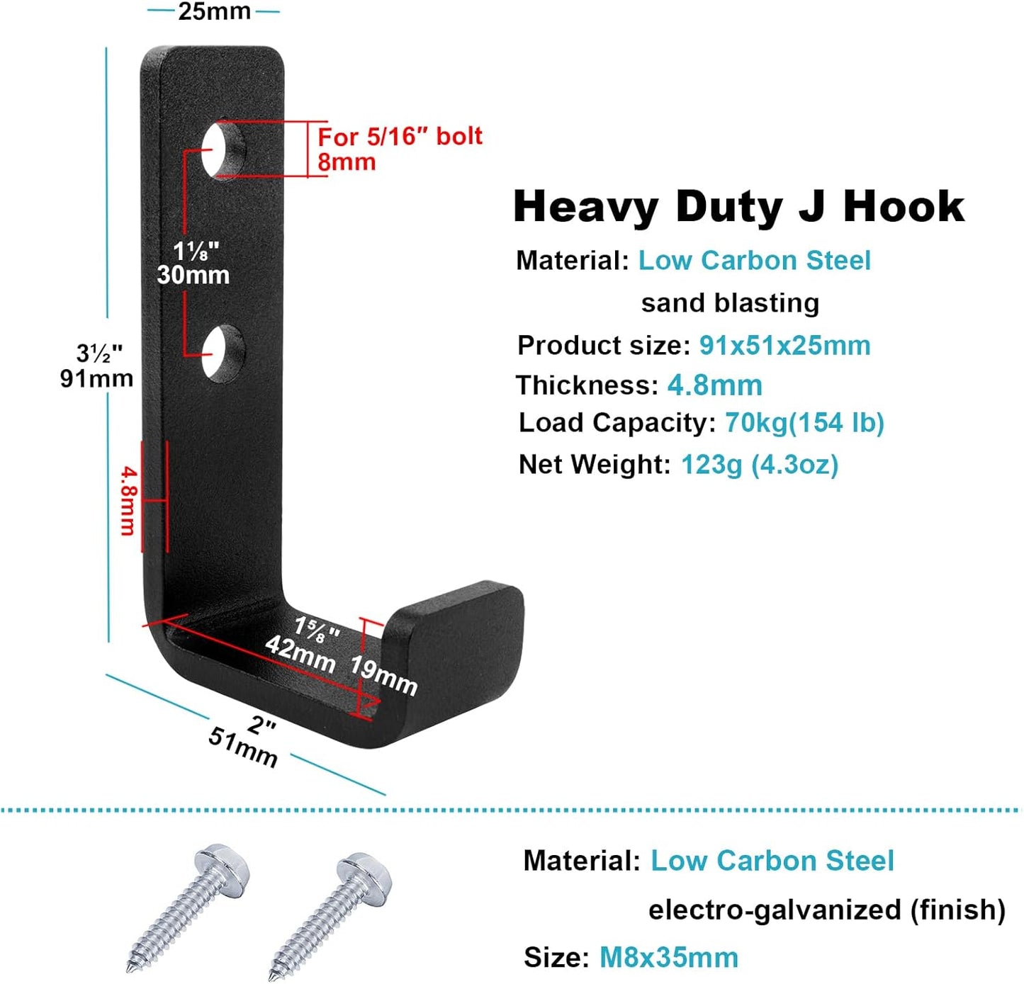 4 Pack 3-1/2" Heavy Duty Steel J Hook, Wall Mount Utility Hook for Hanging Home Gym Garage Storage, Black