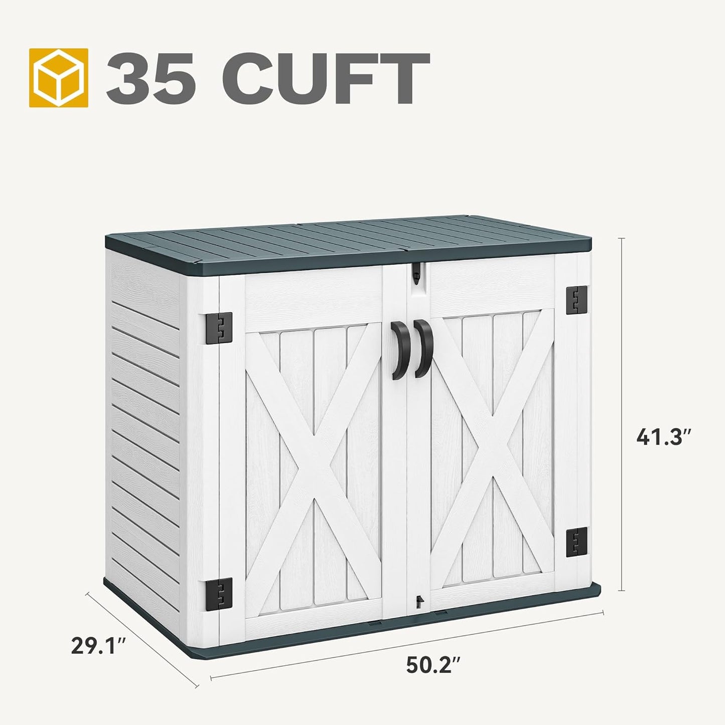 DWVO Outdoor Storage Shed, Weatherproof Resin, 35 Cu Ft Capacity, Horizontal Design, X-Shaped Lockable Door, Suitable for Bike, Garden Tools, Trash Cans, Light Gray