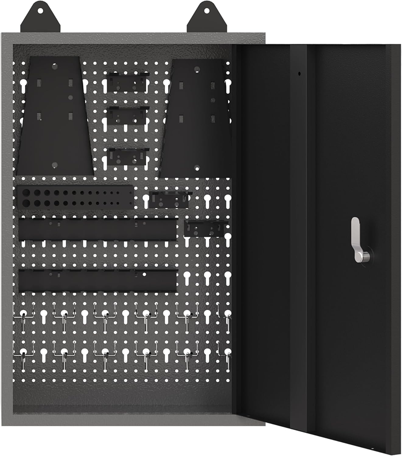 JZD Metal Storage Wall Mounted Cabinet with 22 Hooks, Lockable Small Tool Chest, for Garage Basement Workshop, Black and Gray