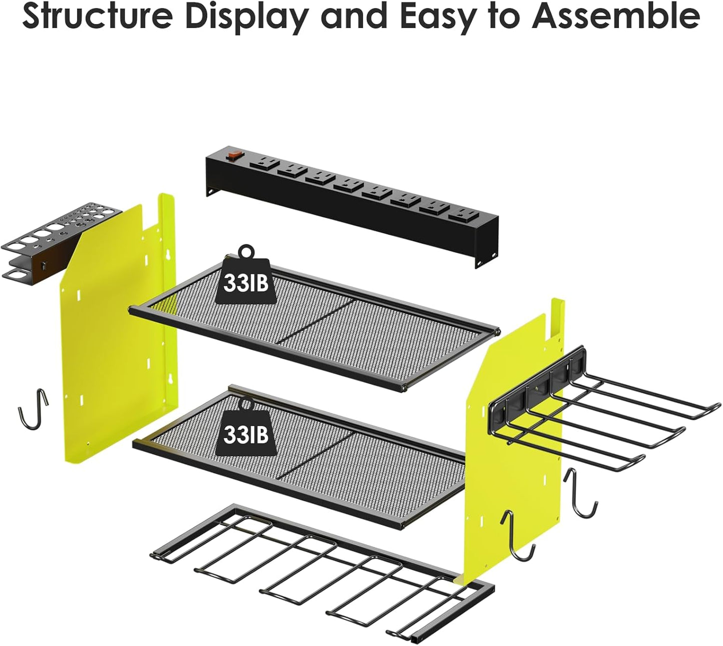 CCCEI Modular Power Tool Organizer Wall Mount Charging Station, Green 6 Drills Holder with 8 Plug Power Strip 6FT, Garage Drill Battery Heavy Duty Metal Shelf, Utility Rack with Hooks, Side Storage.