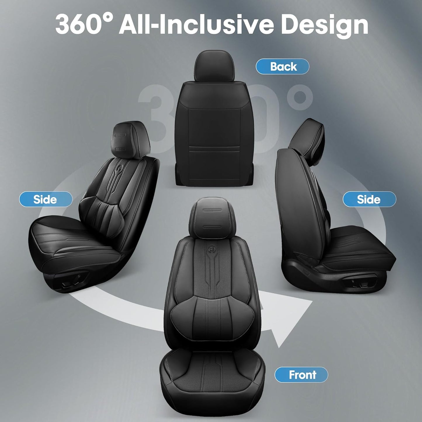 AOOG Front Seat Covers, Car Seat Covers Front Seats, Leather Seat Covers for Cars, Waterproof Seat Covers with Lumbar Support Universal Fit for Most Cars SUV Trucks(Front Pair, Black)