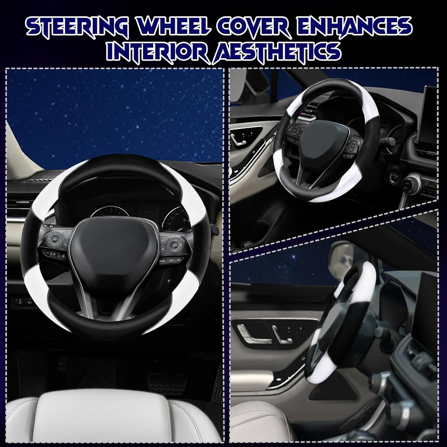 Soft Leather Steering Wheel Cover with Breathable Design and Anti-Slip Grip, Fully Compatible with Tesla, Toyota, Honda, Nissan 14.2-14.96 inch Round Steering Wheel(Sedans and SUVs)