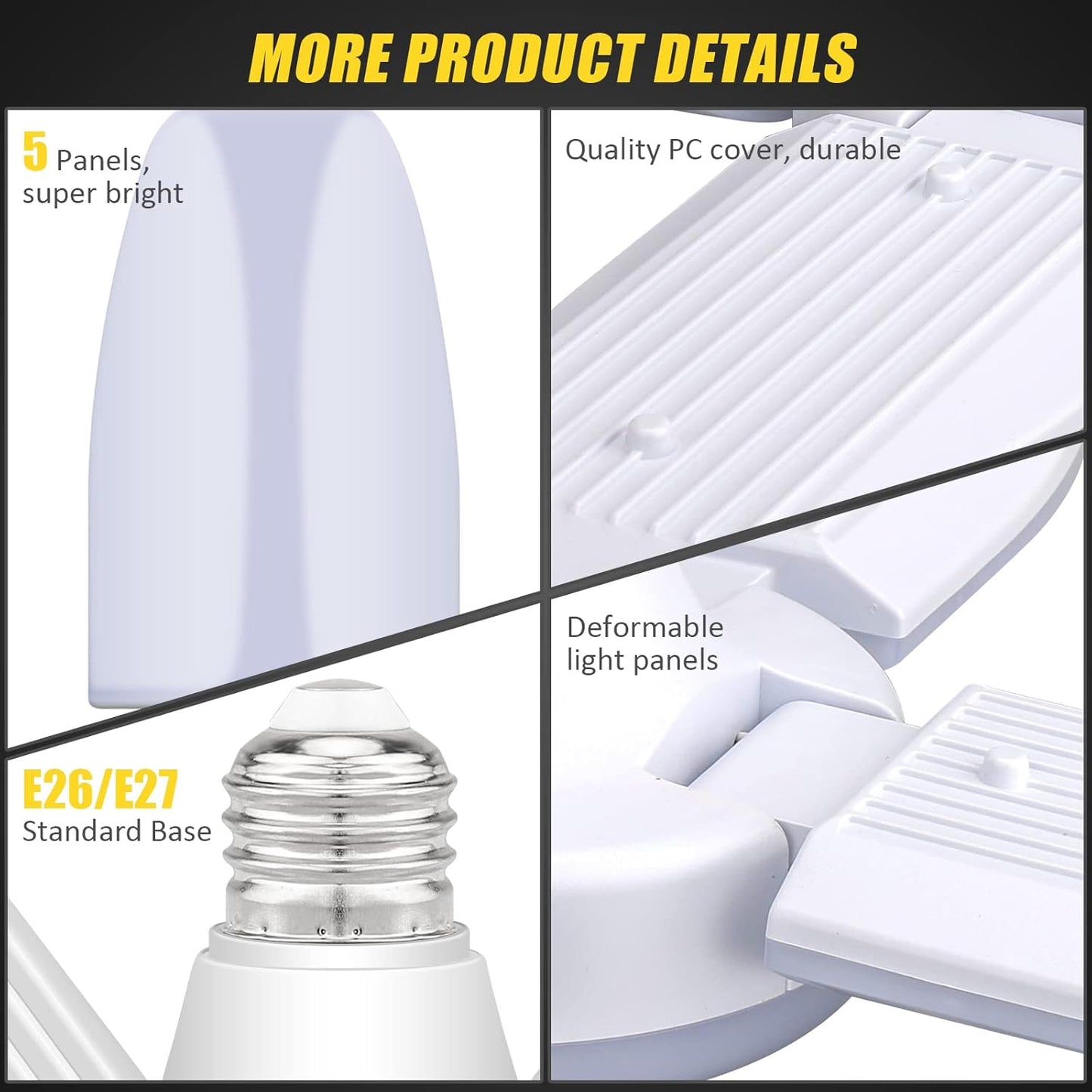 LED Garage Lights 4 Pack, 80W LED Shop Light with 4+1 Multi-Position Panels Deformable E26/E27 Ceiling Light, 6500k 8000LM Ceiling Led Daylight for Shop, Basement, Workshop, Attic, Barn