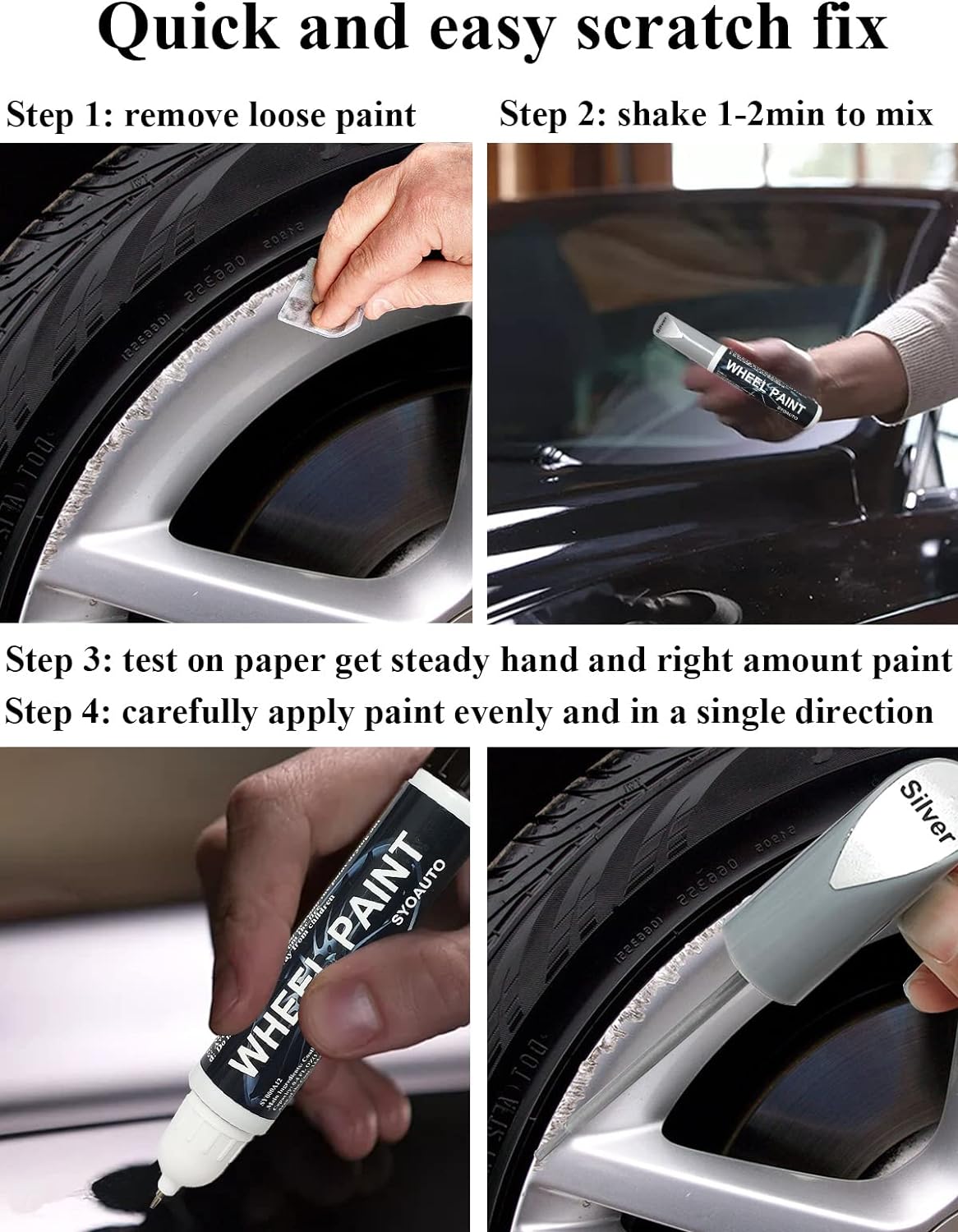 SYOAUTO Silver Rim Touch Up Paint Rim Scratch Repair Pen Wheel Touch Up Paint Car Rim Paint Pen Universal Color Silver Wheel Paint (Silver)