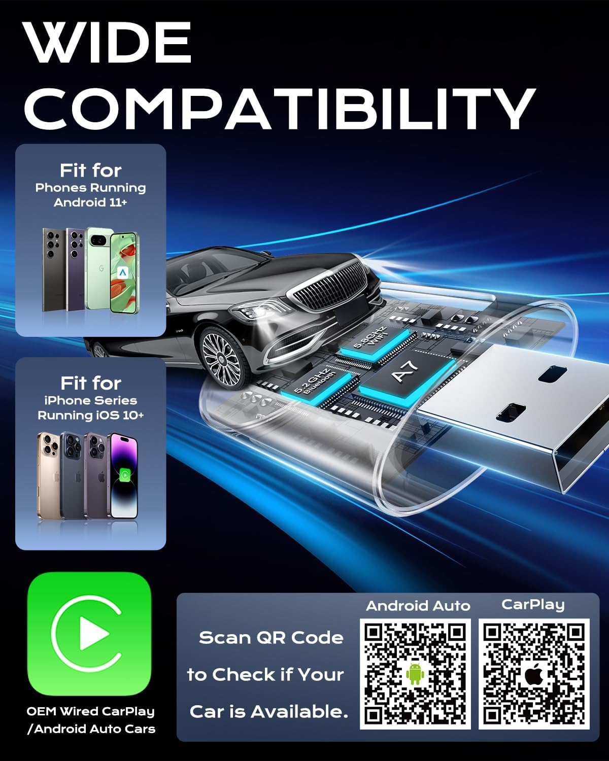 AuroraLink Wireless Carplay & Android Auto Adapter 2-in-1 Stable & No Delay Carplay Wireless Adapter Convert Wired to Wireless Car Play Dongle for iOS 10+/Android 11+ (Grey)