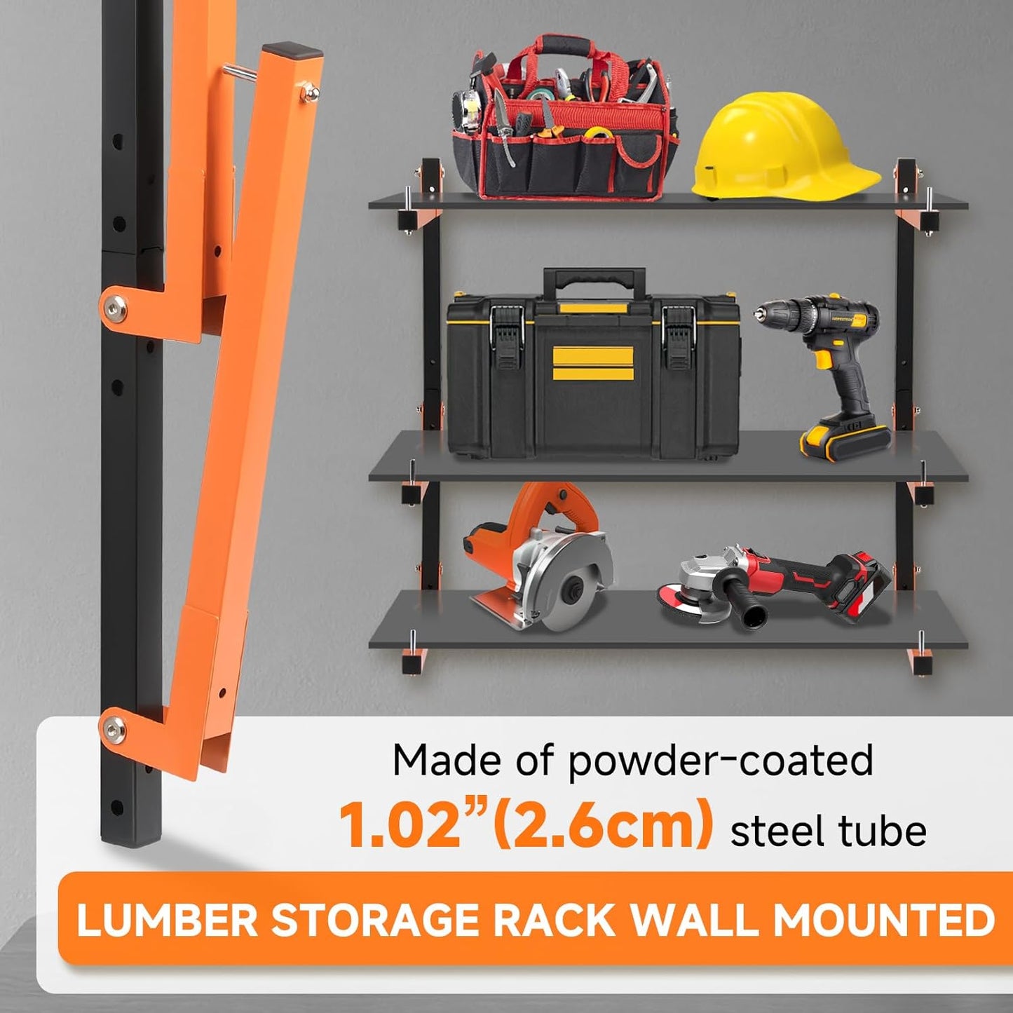 4 Pack Lumber Rack Wall Mount, Heavy Duty Wood Storage Racks, 6-Level System Organizer Shelving, 720 LBS Capacity Hanging Garage Shelves, Orange Brackets Utility Metal Shelf for Indoor and Outdoor