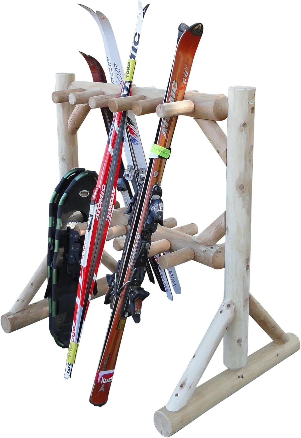 11-Place Freestanding Log Ski Rack Holder, Indoor & Outdoor Snowboard Racks, Standing Storage, Garage Racks for Snow Skis, Durable Snowboard Rack Garage Storage Organizer - Unfinished