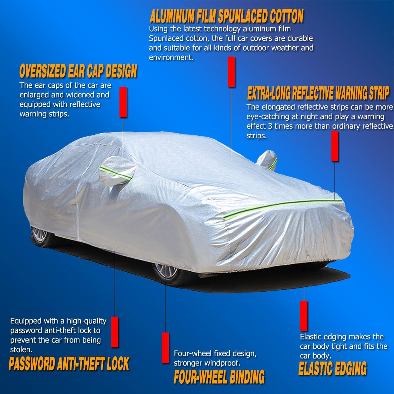TUCAREST 6 Layers Full Car Cover for Sedan/Wagon/Coupe/Hatchback - Waterproof, Insulated, Anti-UV, Snow-Proof, Anti-Wind, All-Weather, Thickened Protection, up to 208 in