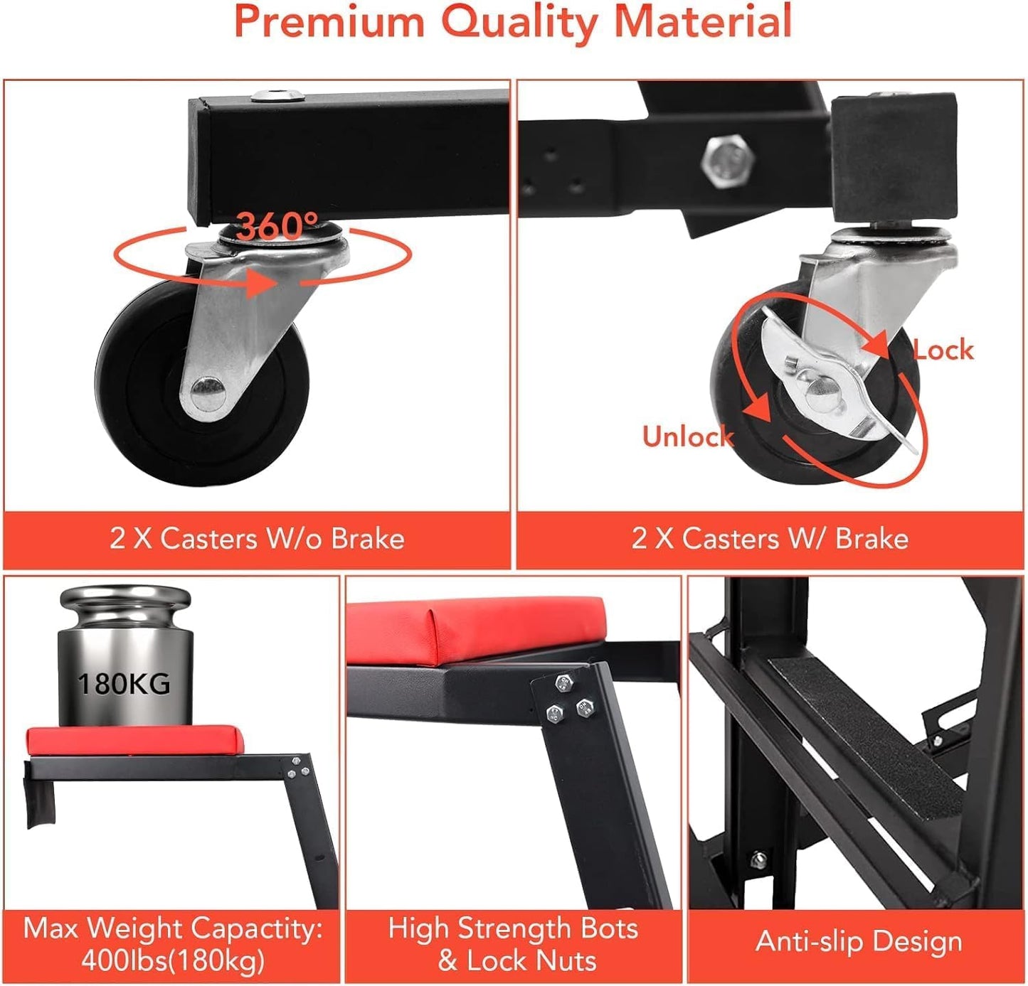 440 Lb Capacity Heavy Duty Topside Automotive Creeper, Adjustable Height 48"-66" with 4 Swivel Casters for Truck, Garage, Auto Repair & Maintenance