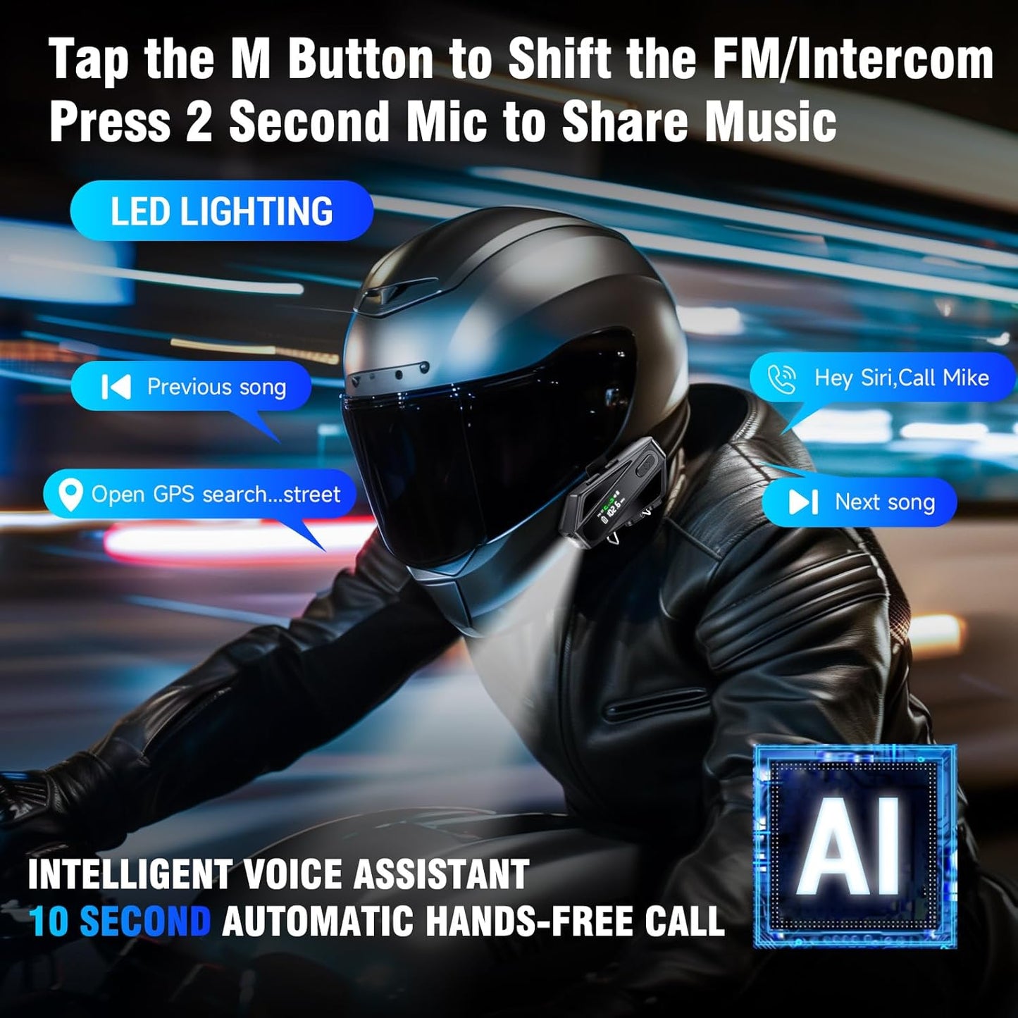 Motorcycle Helmet Bluetooth Headset, C6 Helmet Speakers with 2 Type Mics, Intercom/Hands-Free Call/Music/Waterproof/Noise Cancellation/Wake Up Siri, Suitable for Motorcycles, Skiing, and Cycling