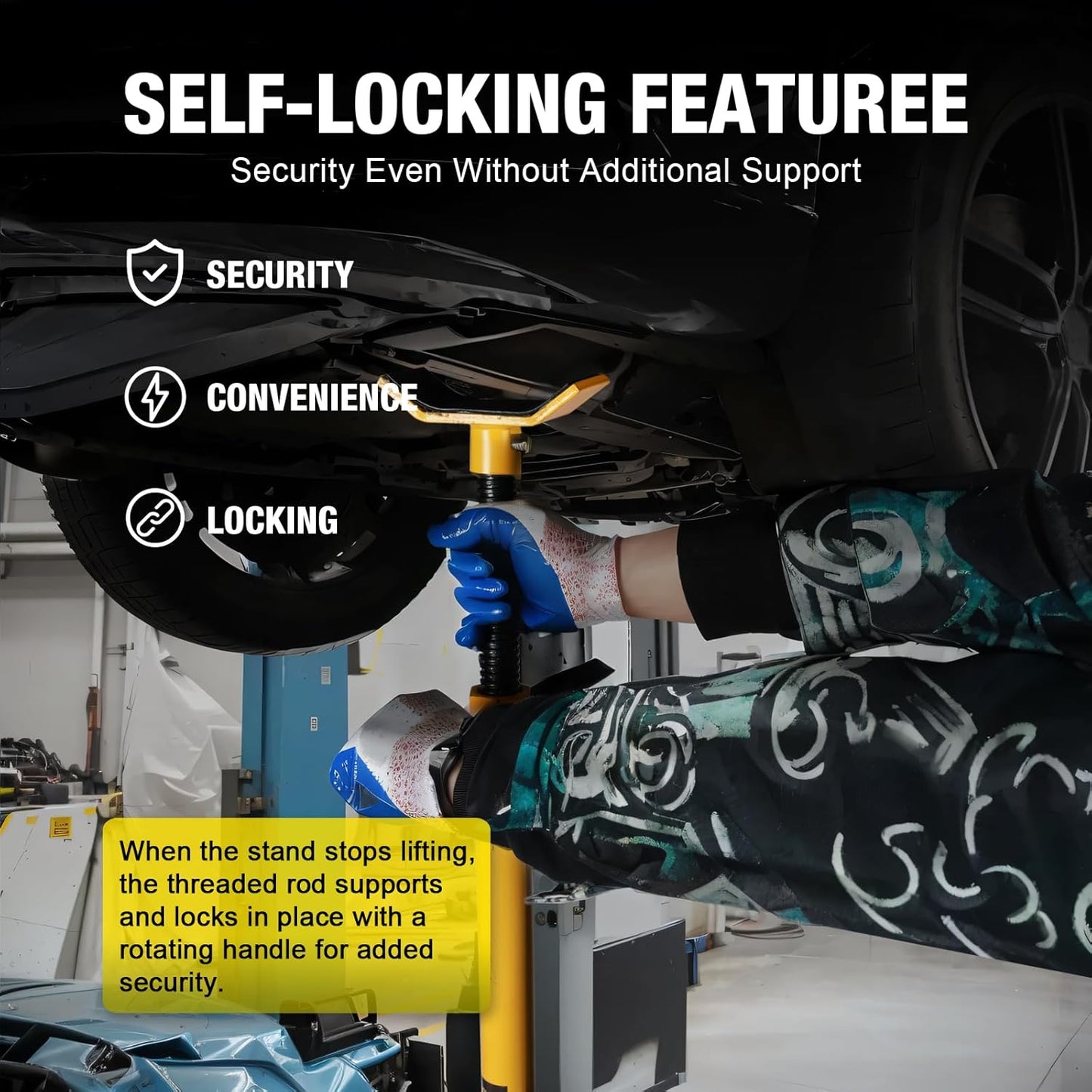 YELLOW JACKET Underhoist Support Stand 3/4 Ton Capacity with Foot Pedal, Lifting from 52.8" to 76.5", 12 Inch Diameter Base, Bearing Mounted Spin Handle, Contoured Saddle, Supports Vehicle Components