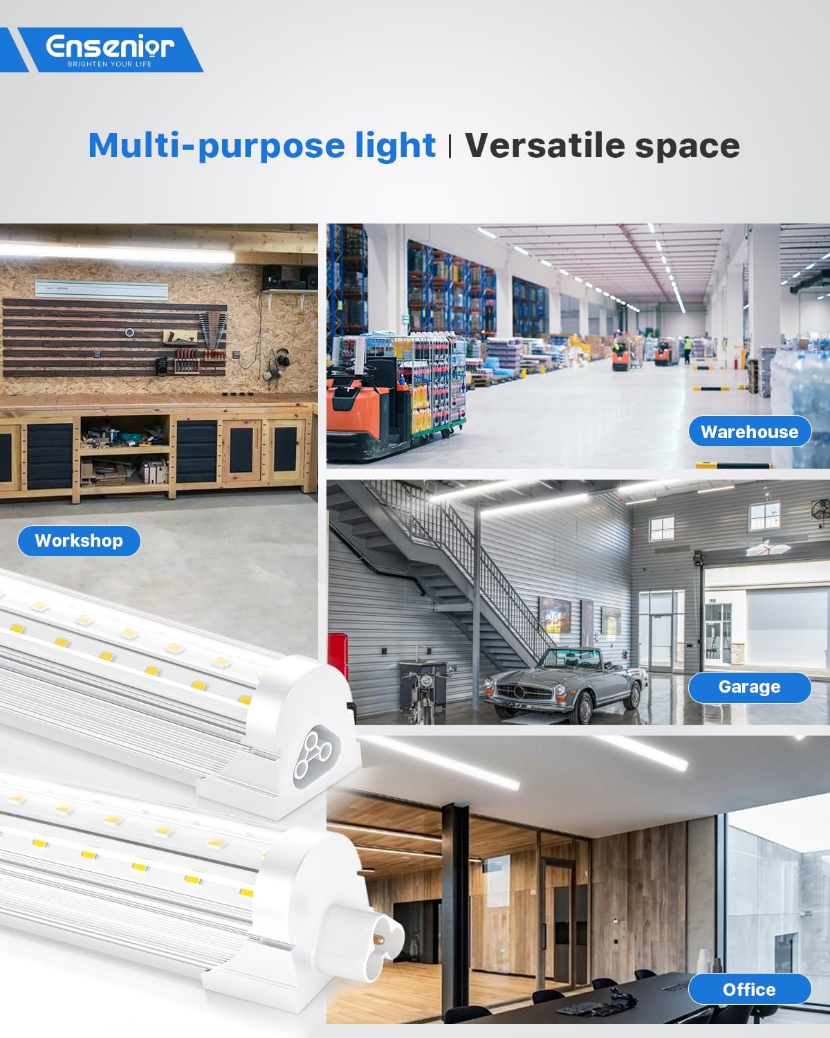 Ensenior 6 Pack 8 FT Led Shop Lights, 6000K Clear White, 10000LM Super Bright, 72W Equivalency 936W, Commercial Bay Lighting, U-Shaped Linkable Shop Lights Plug in for Garage, Workshop, FCC Certified