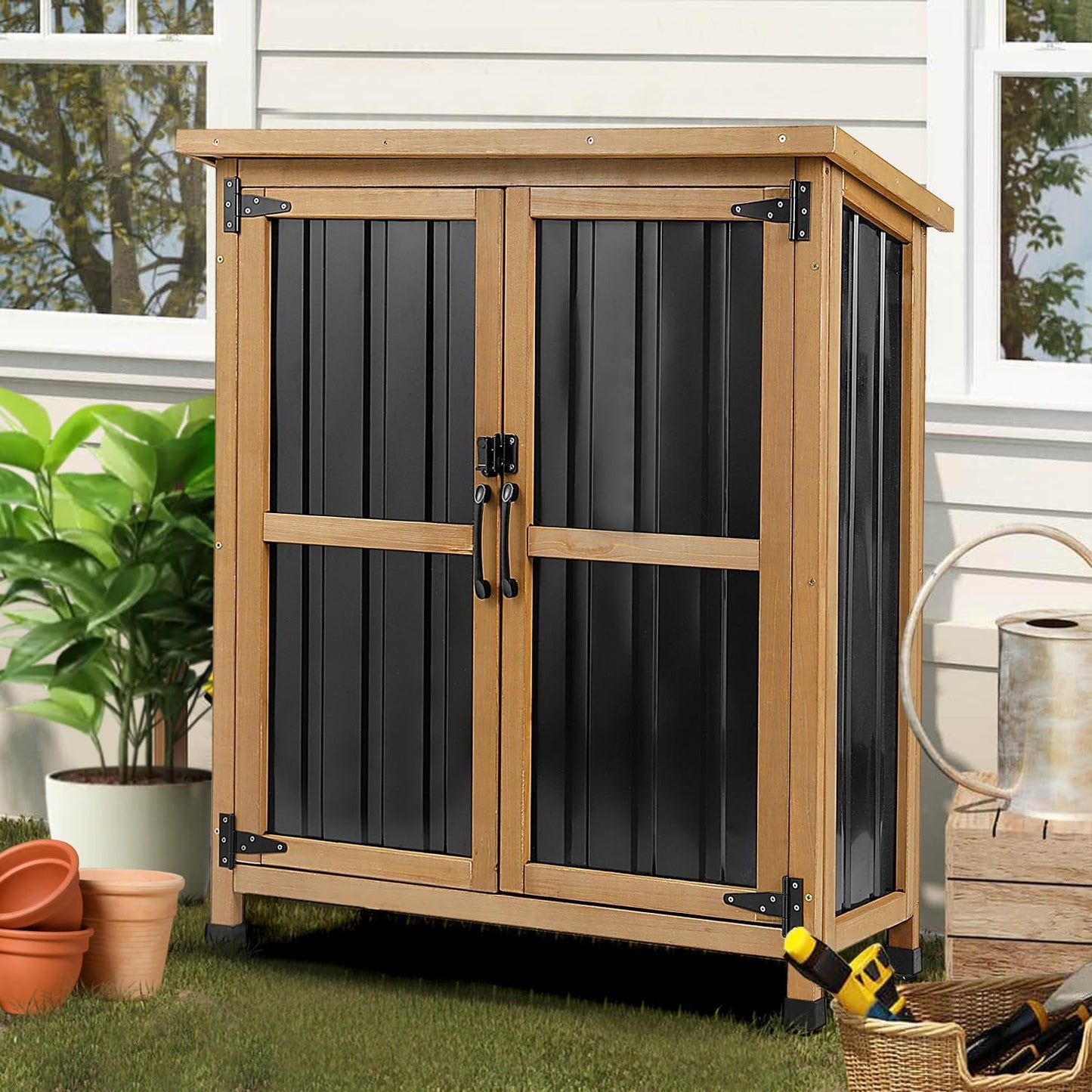 Weatherproof Outdoor Storage Cabinet with Lockable Doors, Wood & Metal Garden Storage Shed Patio Storage Box for Tools & Lawn Equipment, Pool Accessories