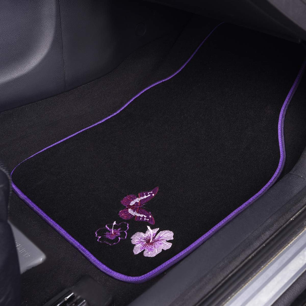 CAR PASS Embroidery Butterfly and Flower Car Floor Mats, Purple Car Floor Mats, Universal Fit 95% Automotive,SUVS,Sedan,Vans,for Women,Girly,Set of 4(Black with Purple)