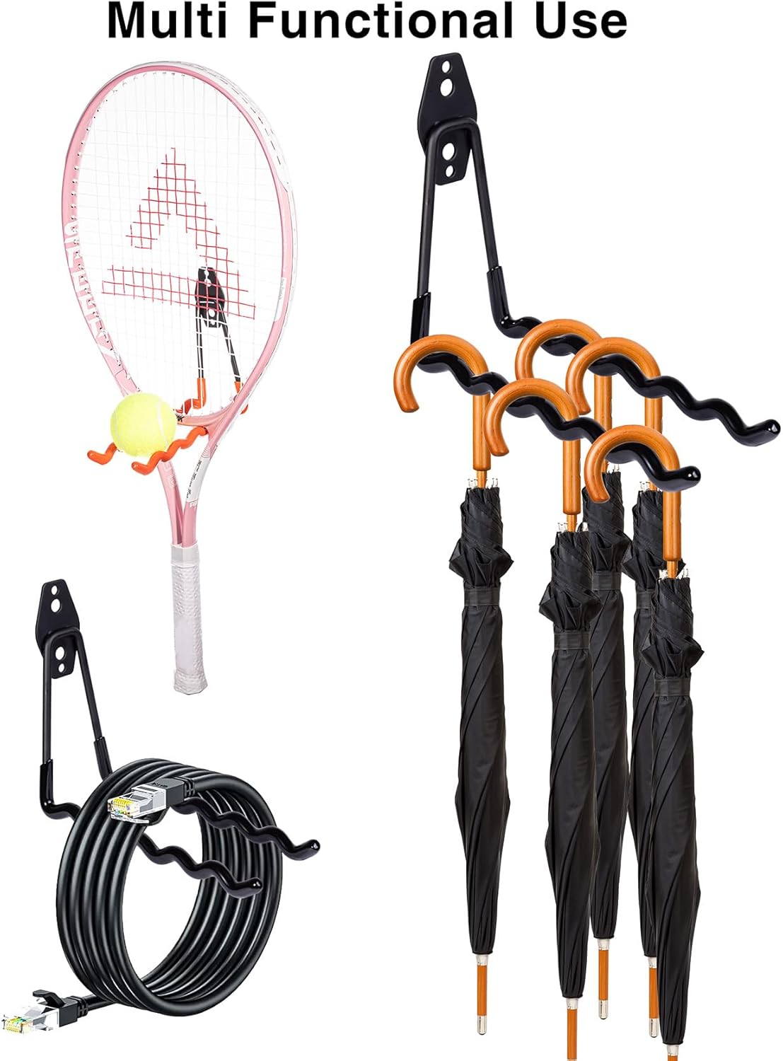 2 Packs Garage Wall Hooks Heavy Duty Hanger,Wall-Mounted Metal Badminton Racket Holder, Tennis Racket Holder Organizer, Hooks for Cables, Ropes and Hoses,Extension Cord Holder (Black)