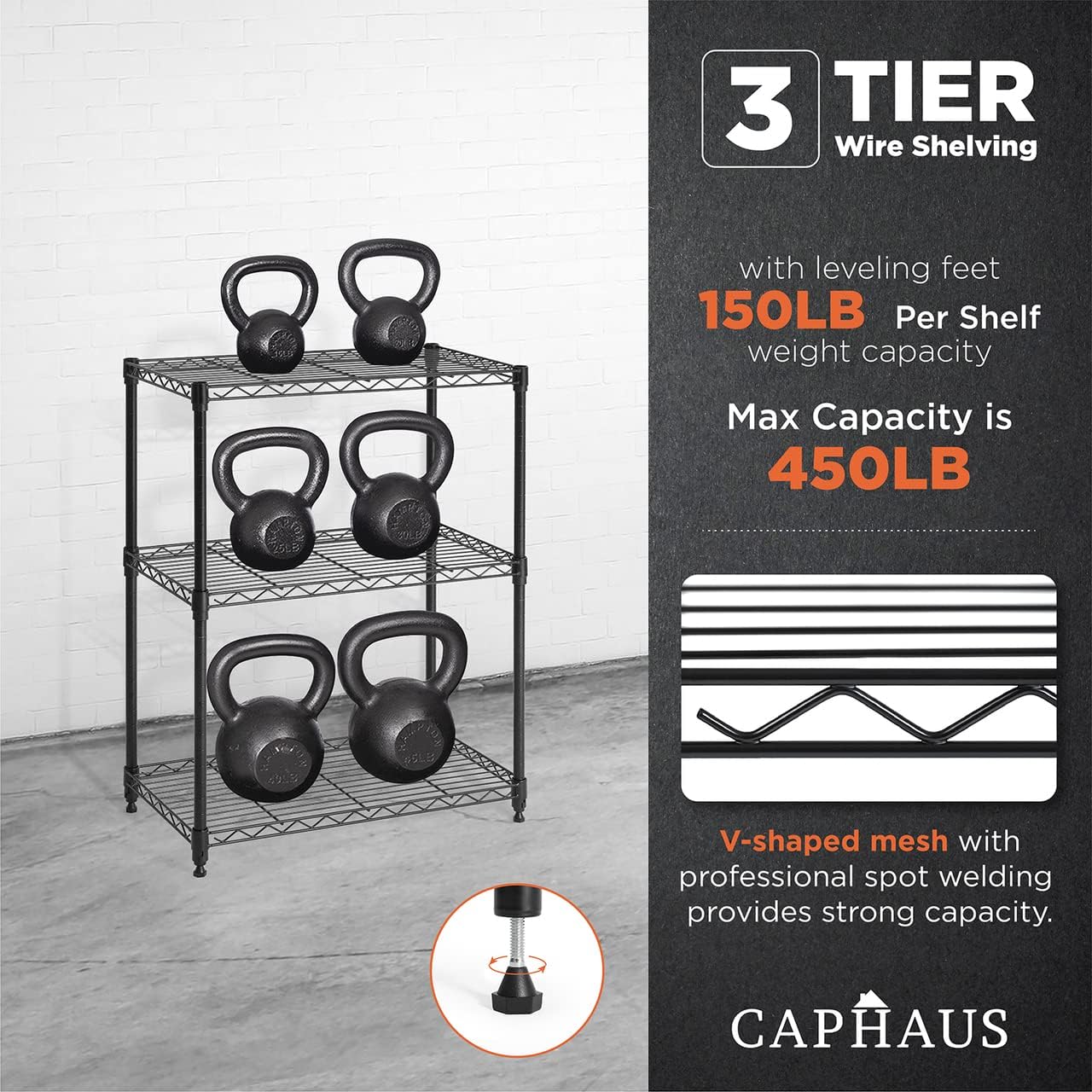 CAPHAUS 3/4/5-Tier Adjustable Height Wire Shelving Unit, Metal Steel Storage Shelve, Rack Shelving, Garage Shelving Storage Organizer, Utility Storage Shelf, 3-Tier Without Wheels, Black