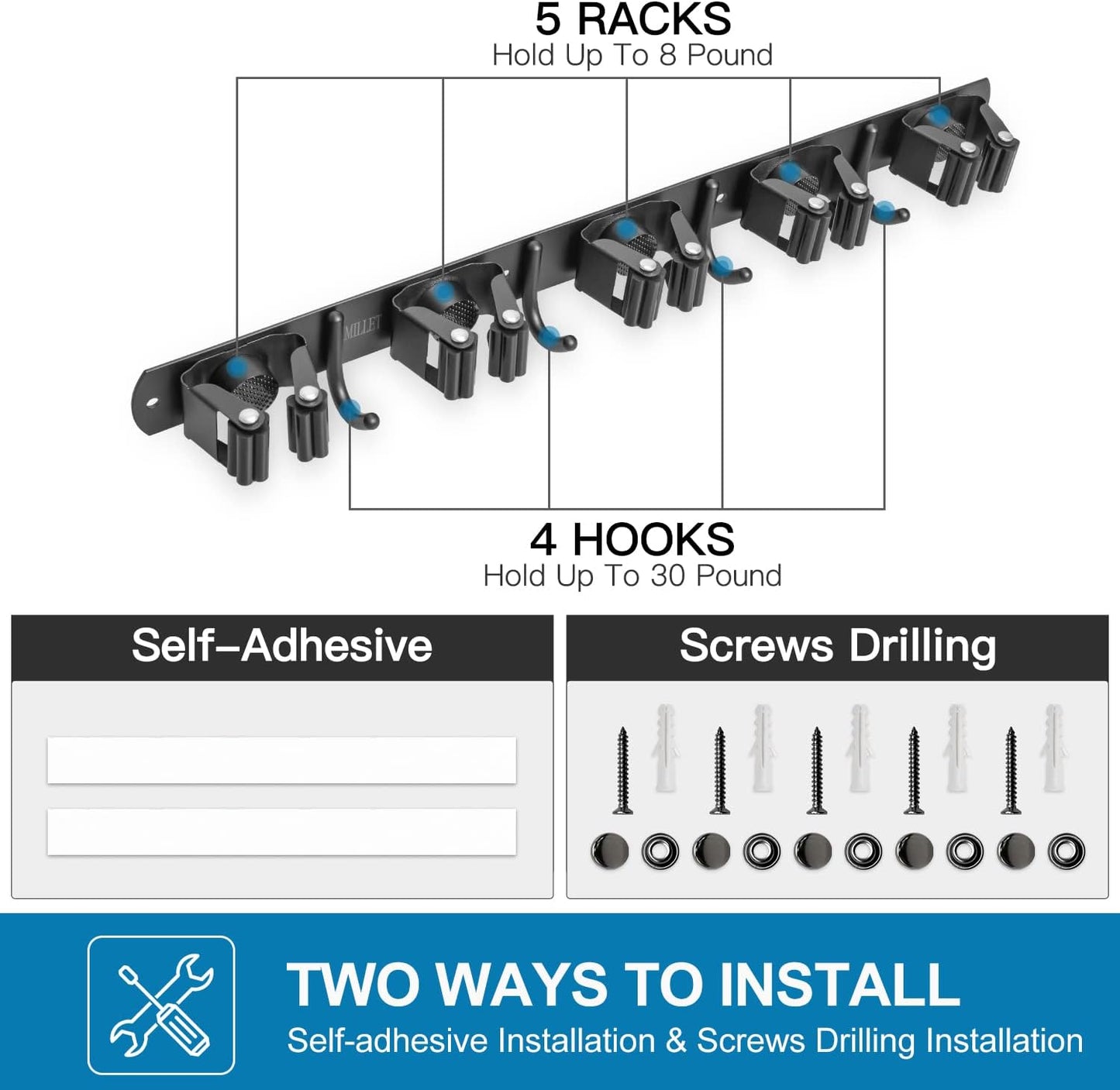 IMILLET 2 Pack Broom and Mop Holder Wall Mounted, Broom Holder Stainless Steel Broom Organizer Heavy Duty Tools Organizer Self Adhesive for Laundry Room Garage Garden(5 Racks and 4 Hooks)