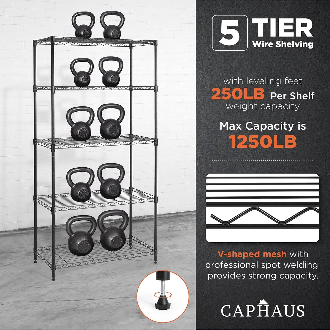 CAPHAUS 3/4/5-Tier Adjustable Height Wire Shelving Unit, Wire Rack Shelving, Metal Steel Storage Shelves, Garage Shelving Storage Organizer, Utility Storage Shelf, 5-Tier Without Wheels, Black