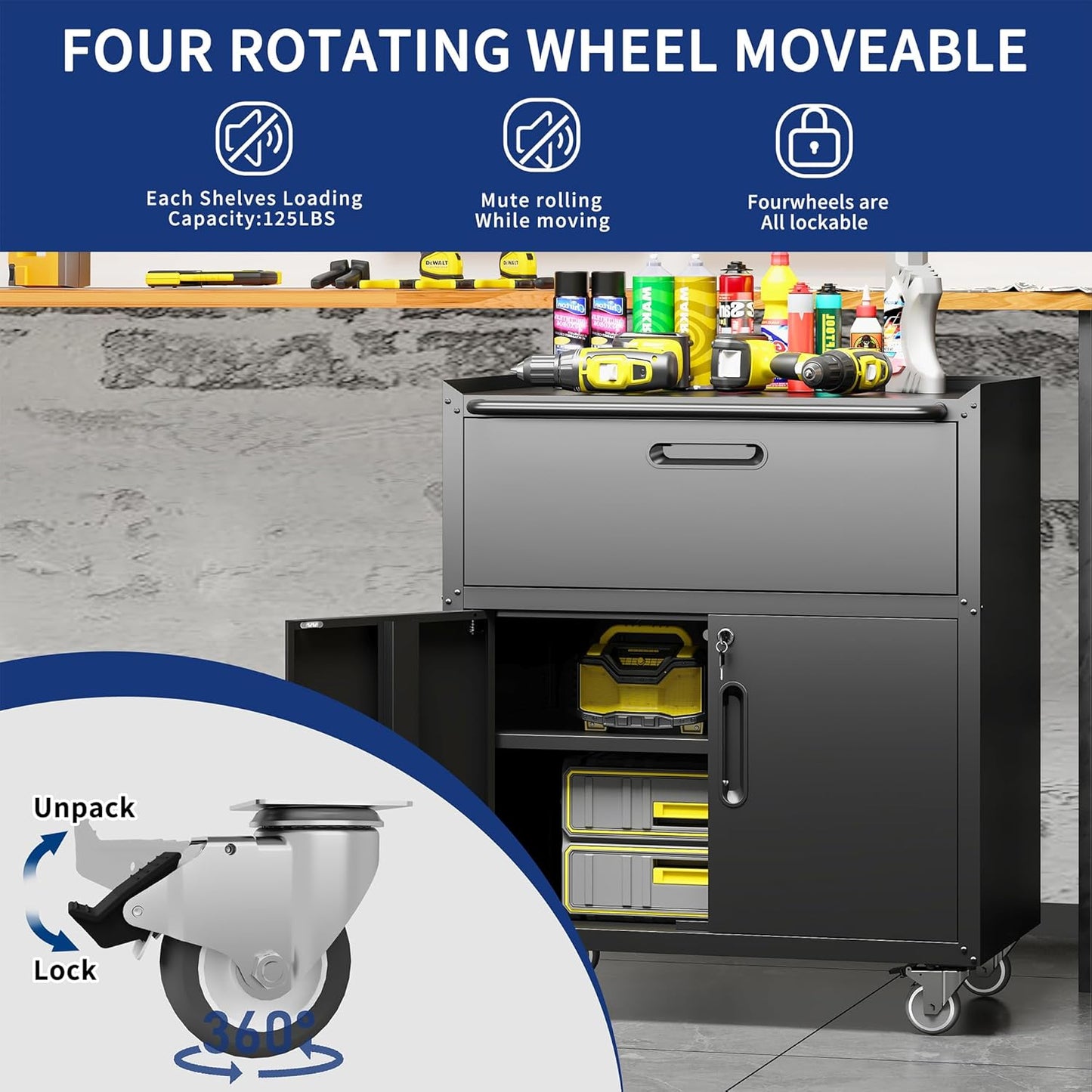 Metal Tool Cabinet,Garage Storage Cabinet System,Wall Cabinet & Locking Rolling Tool Cabinet with Doors and Adjustable Shelves,Steel Tool Cabinets for Home,Office (2 Pcs-StyleE, Black)