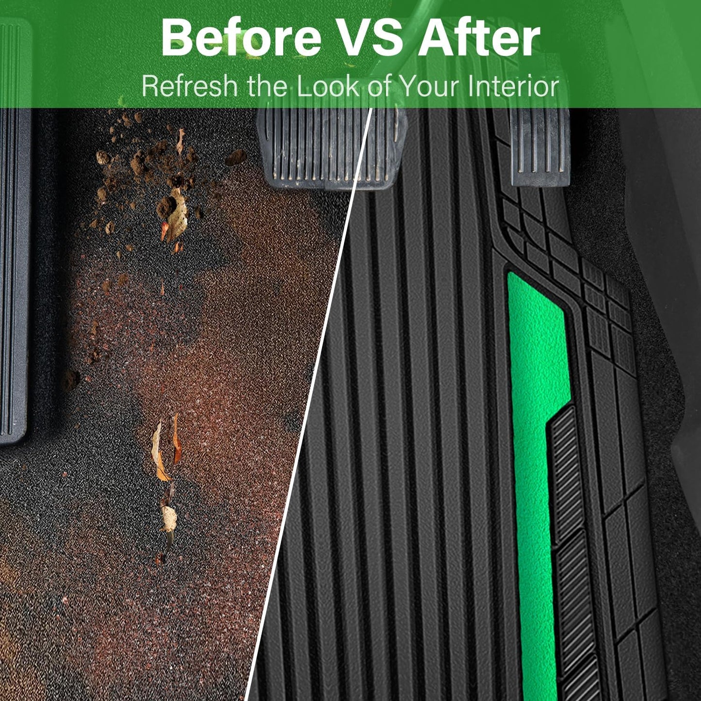 CAR PASS Heavy Duty Rubber Car Mats Metallic,Aluminum Film All Weather Floor Mats Waterproof Universal Trim to Fit SUVs Sedans Vans 4 Piece Anodized Deep Dish Two-Tone Sporty Black Green Chrome