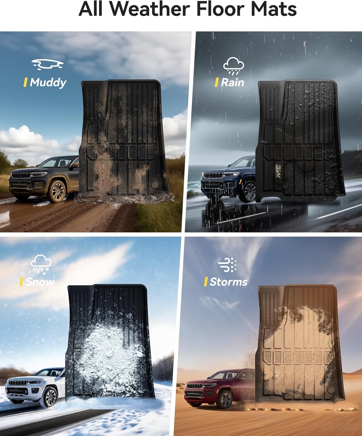 3W Floor Mats Fit for Jeep Grand Cherokee L 2021-2024 2025, TPE All Weather Custom Fit Floor Liner for 1-3 Rows Full Set Car Mats Black (Only for 6 Seater Without Center Console)