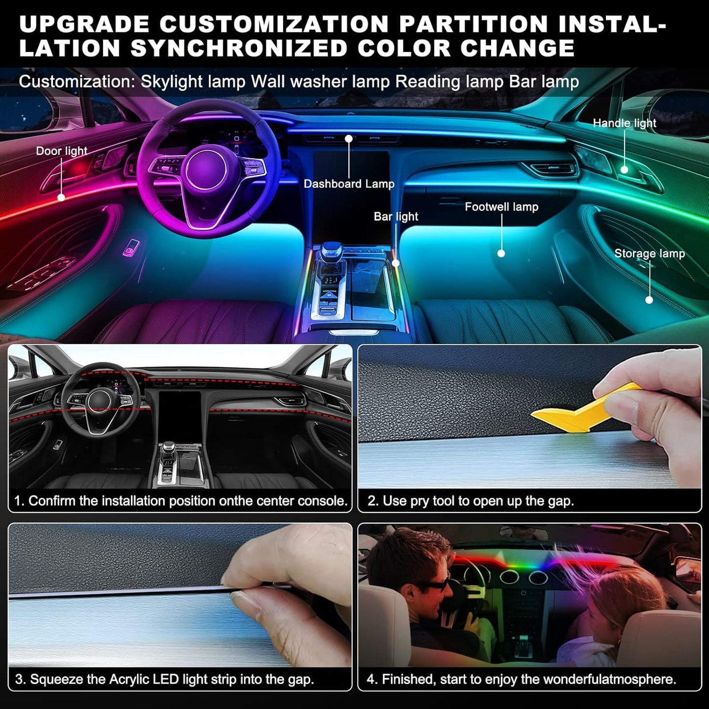 Dreamcolor Acrylic Interior Car LED Strip Light with Wireless APP, RGB 10 in 1 with 175 inches 593 LEDs Fiber Optic Ambient Lighting Kits, 16 Million Colors Sound Active Function Car Neon Lights