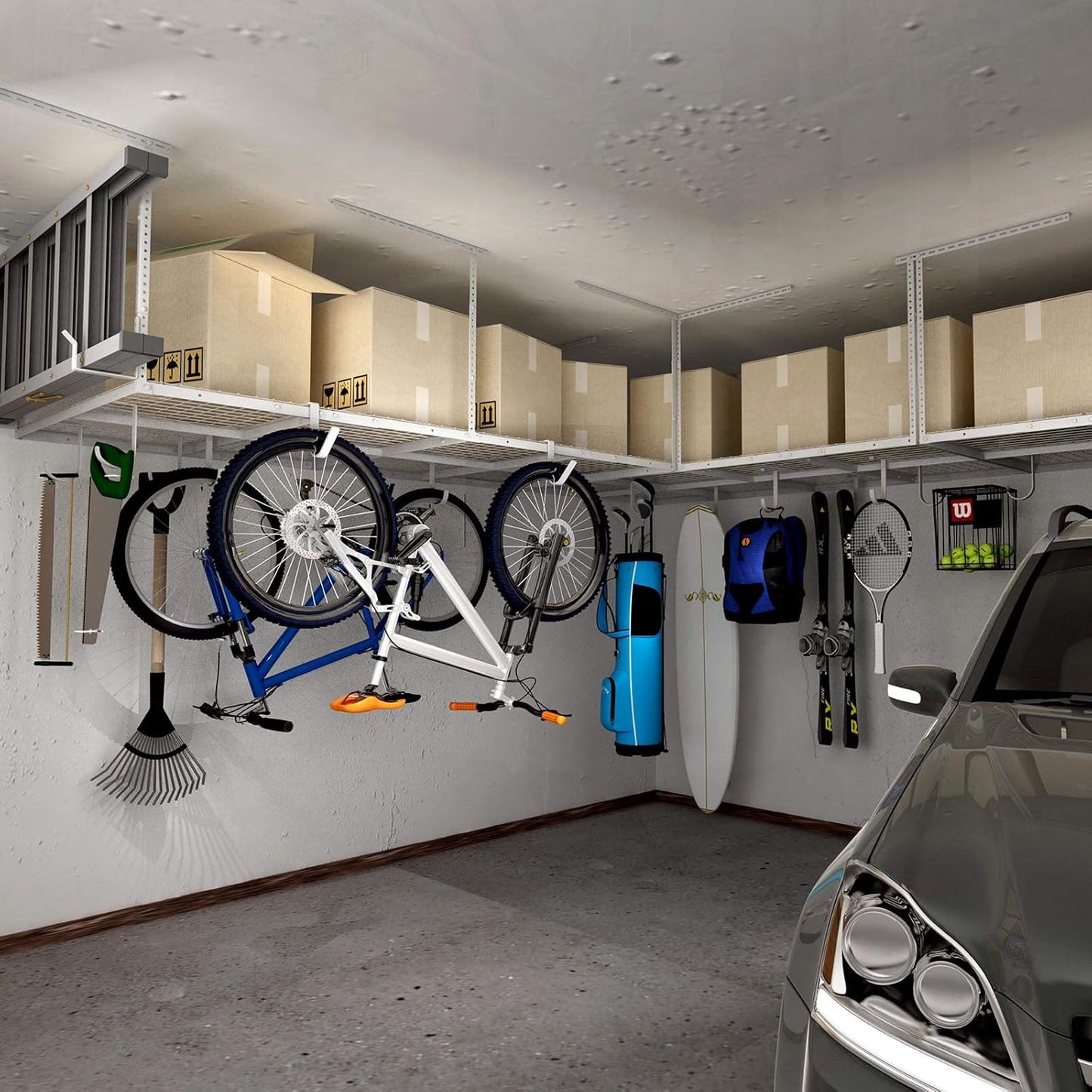 FLEXIMOUNTS 4x8 Overhead Garage Storage Rack, Adjustable Organization System, Heavy-Duty Metal Ceiling Racks, 2 pack, White