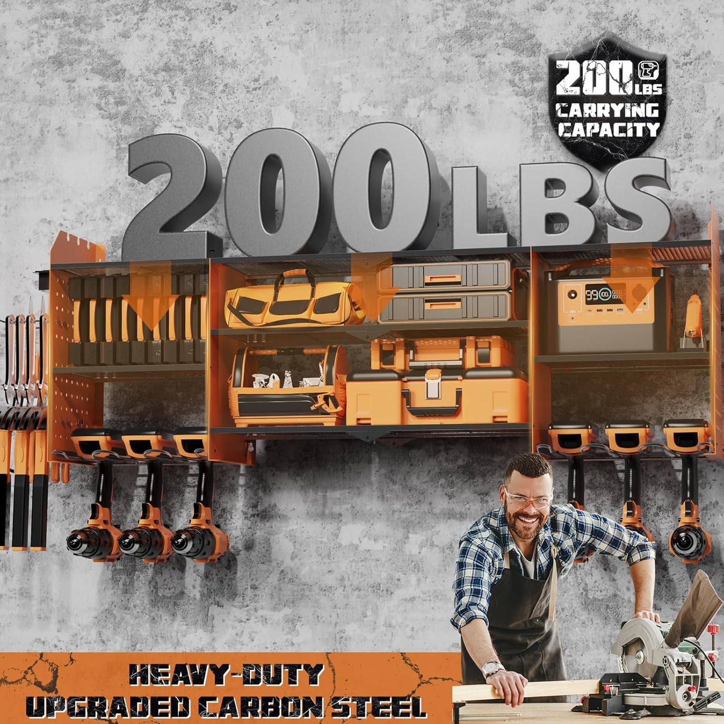 Power Tool Organizer Wall Mount, Expanded Width Garage Storage 3 Layer Heavy Duty Power Tool Storage Rack, 45.5" Battery Tools Holder with Charging Station Shelf