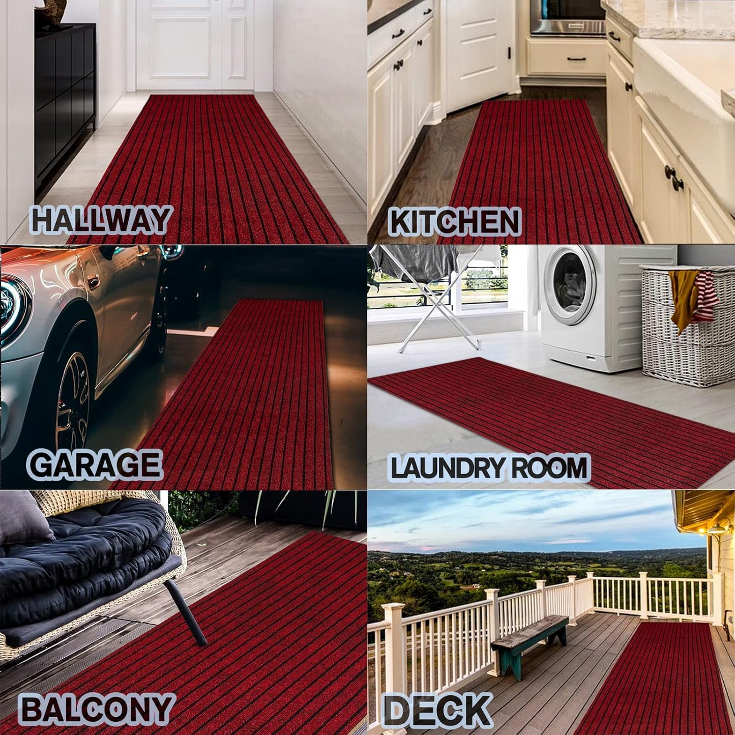 Custom Size Backed Non-Slip Area Rugs Runner, Easy Clean, Waterproof Runner Rugs for Hallway Entryway, Kitchen, Laundry, 3FT x 14FT, Red Stripe