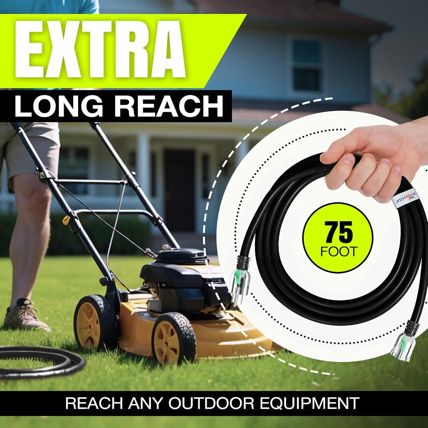 75ft Outdoor/Indoor Extension Cord 10/3 Gauge Ultra Heavy Duty 3 Prong SJTW, Waterproof, Flexible Cold-Resistant Long Power Cord,15A 125V 1875W, Black by LifeSupplyUSA