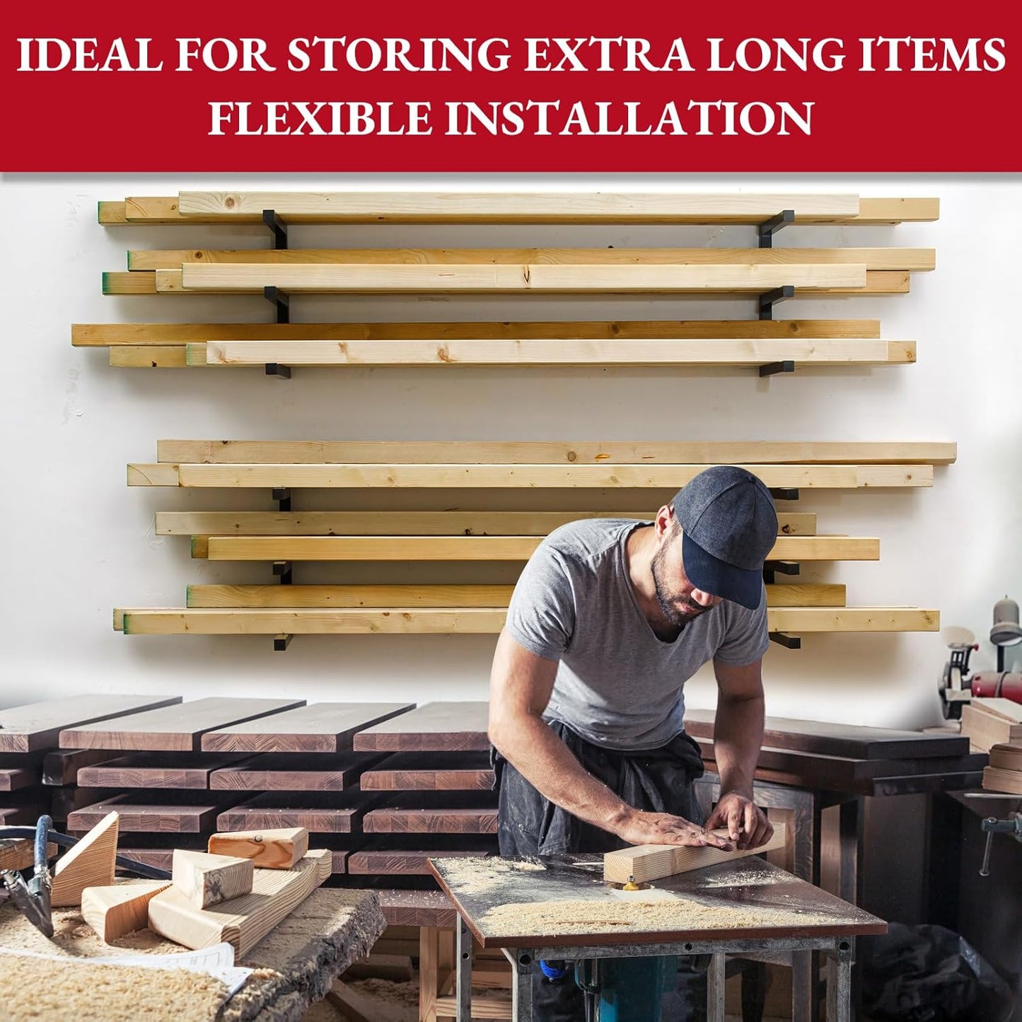 Lumber Storage Rack Wall Mount, Heavy Duty Metal Wood Organizer with 6-Level Each Shelf Holds Up 200 Lbs, Indoor & Outdoor Use - Black