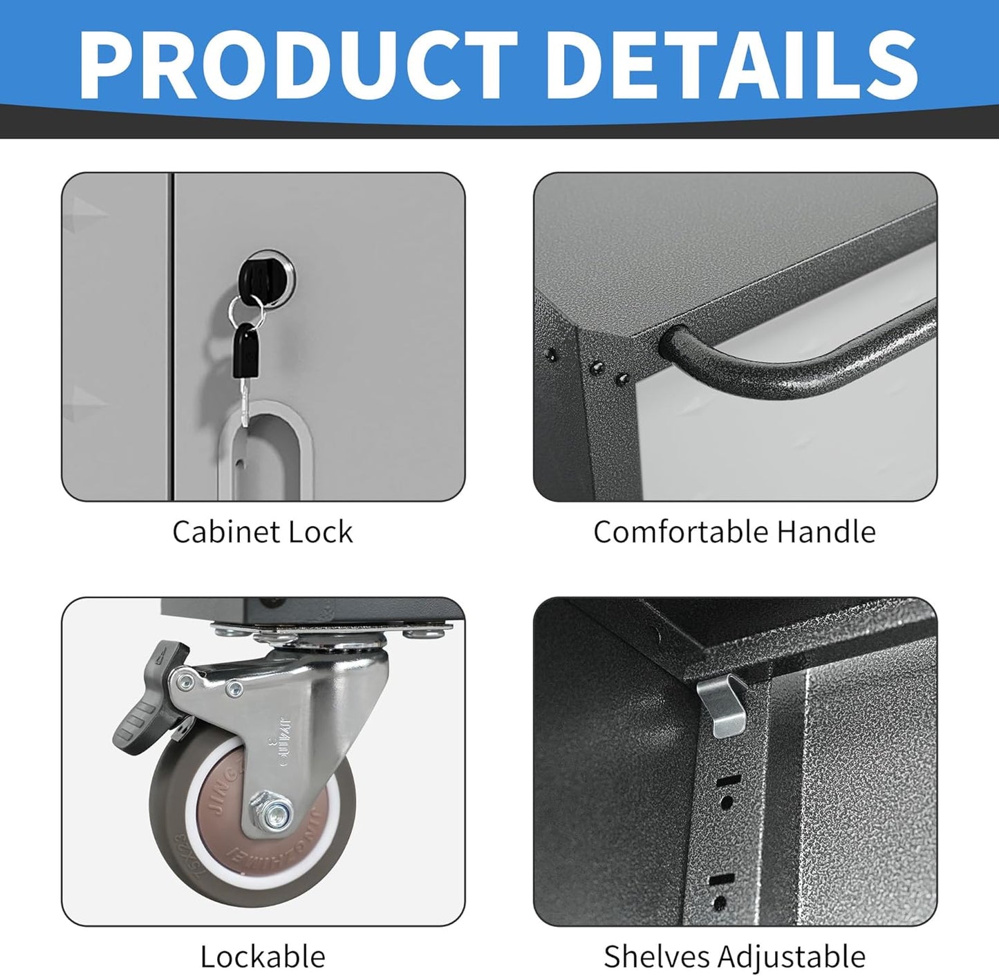 Metal Storage Cabinet with Wheels, Rolling Tool Cabinet with Adjustable Shelve, Locking Garage Storage Cabinet with 4 Drawer and 1 Door for Tools, Assembly Required (Black/Grey)