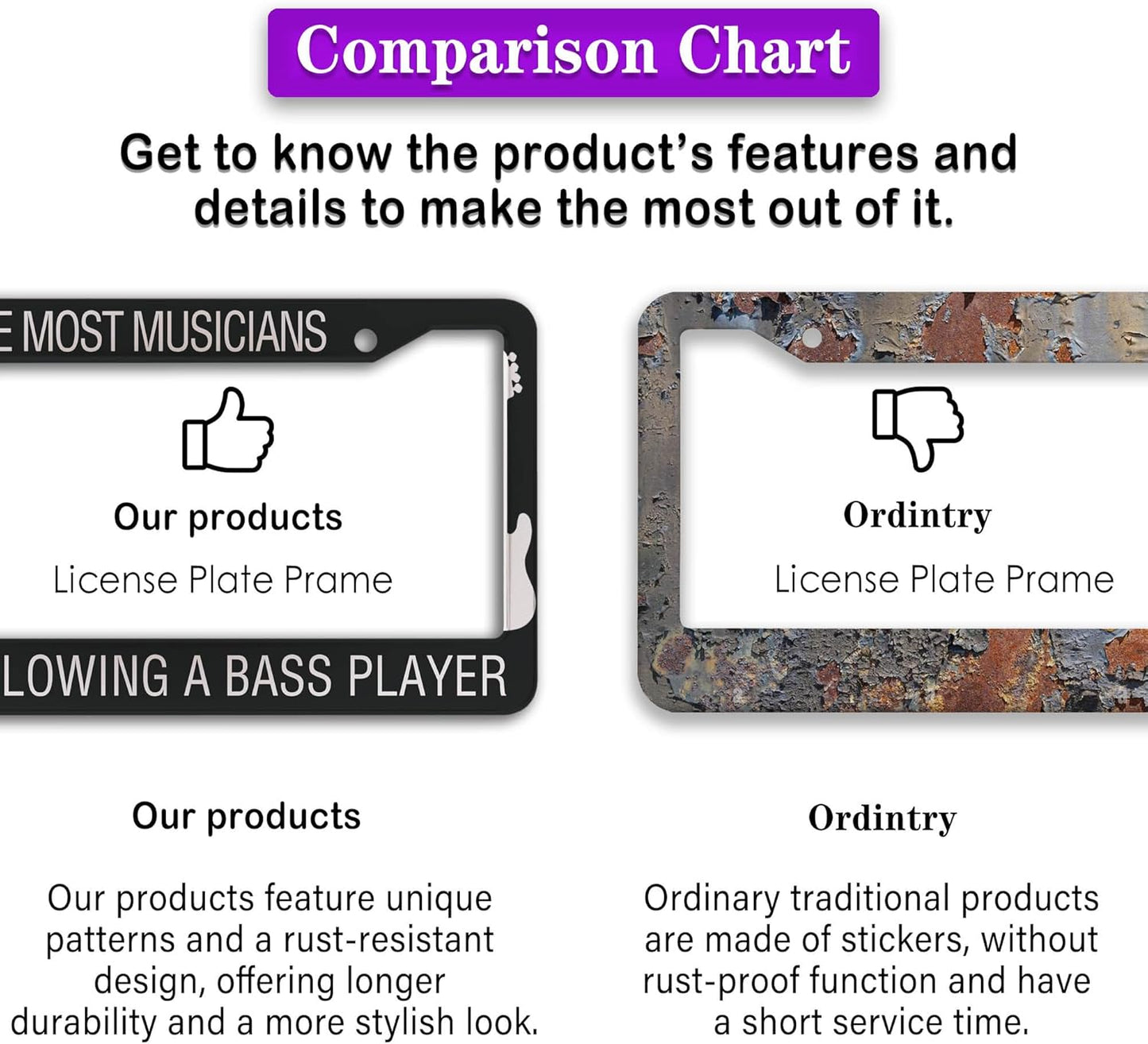 License Plate Frame Holder Black and White License Plate Frames Like Most Musicians Following Bass Player Aluminum Metal Car Accessory 2 Pack with Screw Covers Set