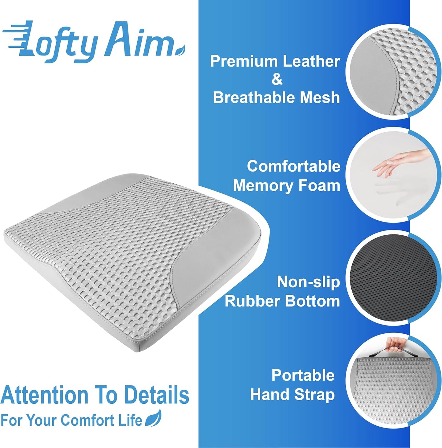 Car Seat Cushion, Comfortable Memory Foam Seat Pillow for Driving, Sciatica-Back Pain Relief, Cushion for Car-Truck, Office, Wheelchair - Gray