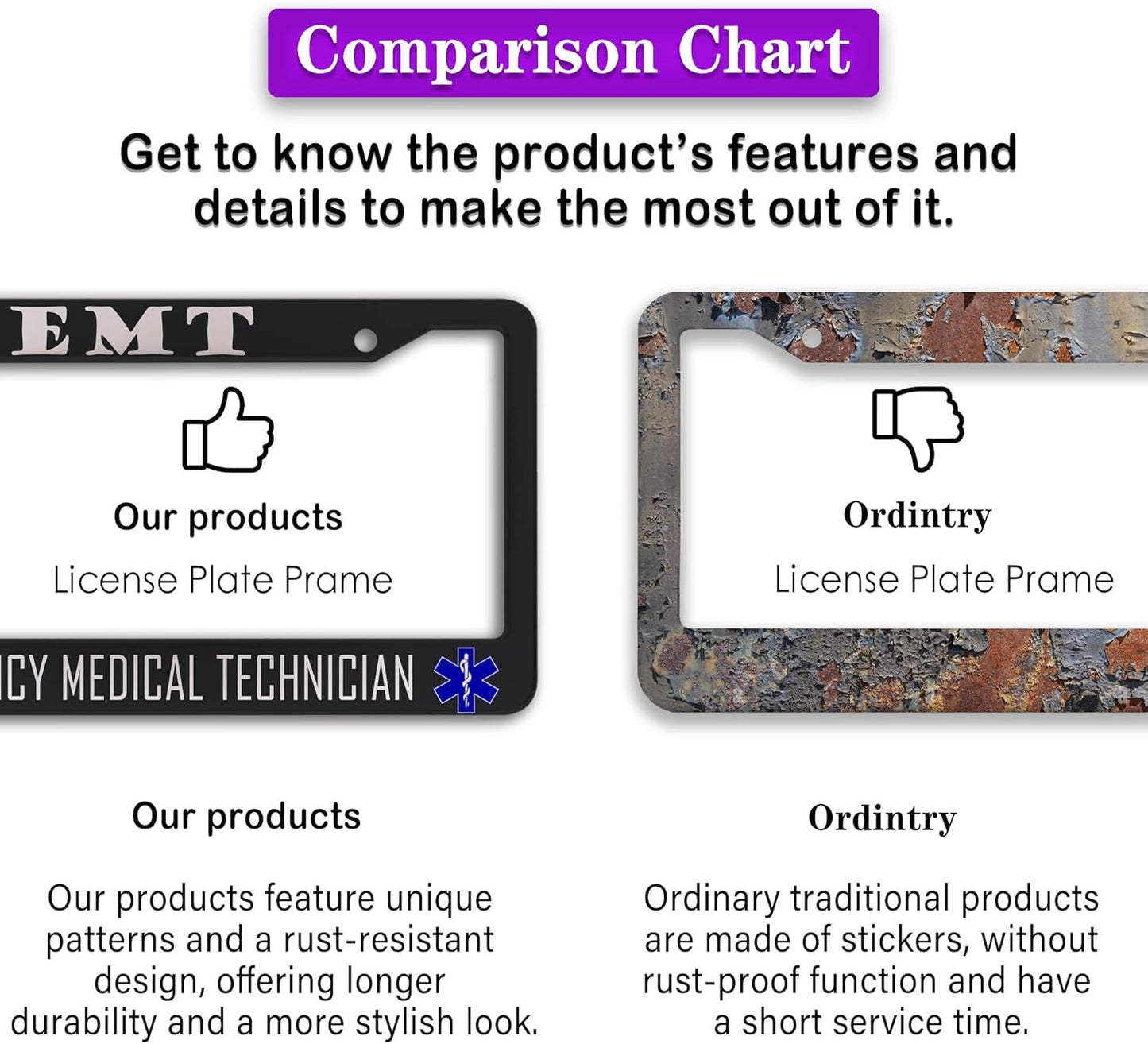 License Plate Bracket Black and White License Plate Frames EMT Emergency Medical Technician Aluminum Metal Car Accessory 2 Pack with Screw Covers Set