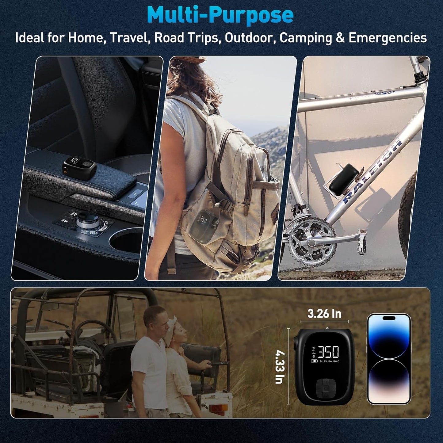 Tire Inflator Portable Air Compressor – Fast Inflation, Auto Shut-Off & LED Display | High-Power Air Pump for Car, Motorcycle & Bike Tires, USB Rechargeable & Compact Design, Gifts for Men