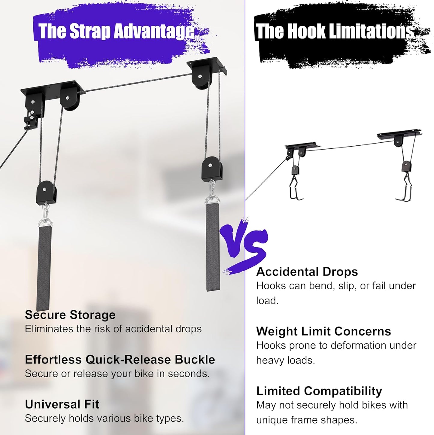 2 Pack Bike Hoist, Heavy Duty Bike Pulley System for Garage Ceiling Bicycle Hanger, Bike Lift Overhead Storage Holds Up to 85 lbs Capacity, Fit 10-16 Foot Ceilings, Black