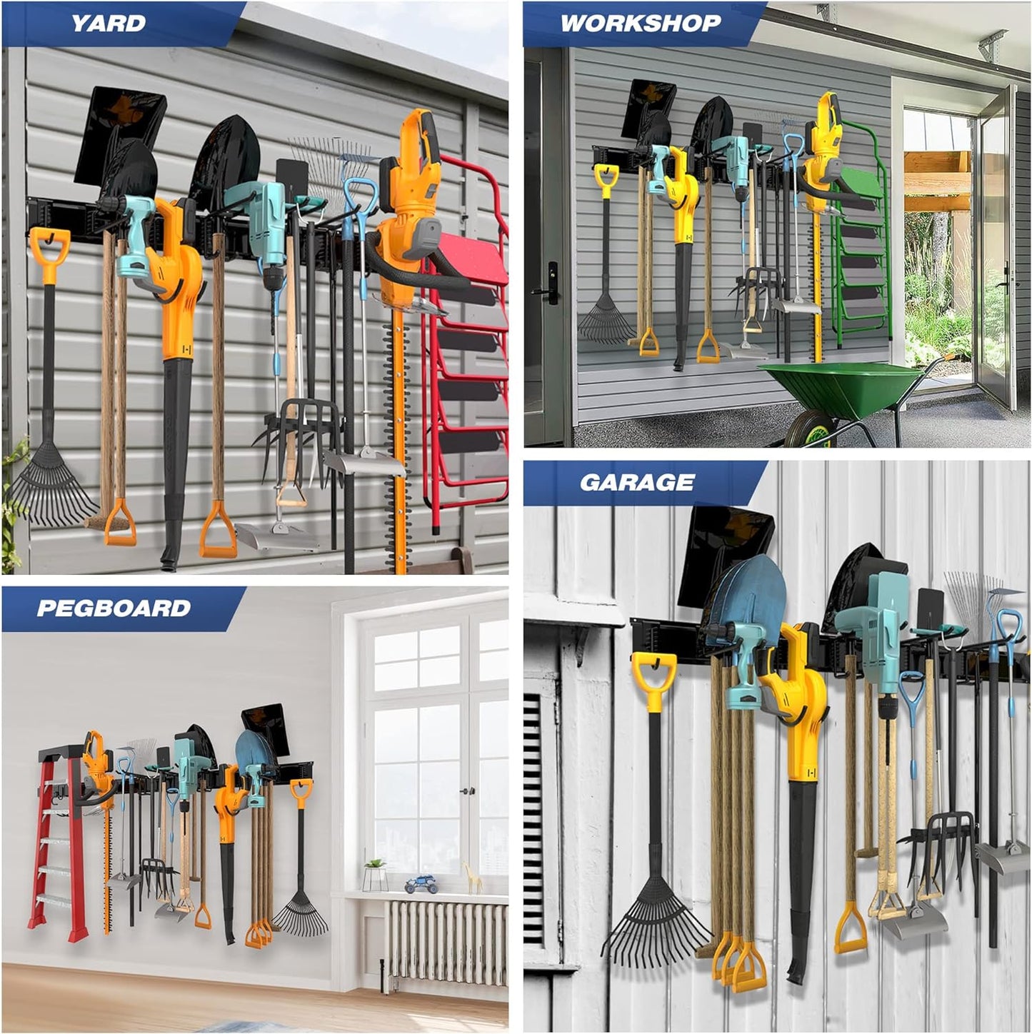 Storaboks Heavy Duty Garage Storage Rack System, Wall Mounted Tool Organizer with 8 Double Hooks, 3 Rails, Garden Yard Tools Hanger for Ski Gears, Broom, Rake, Shovel