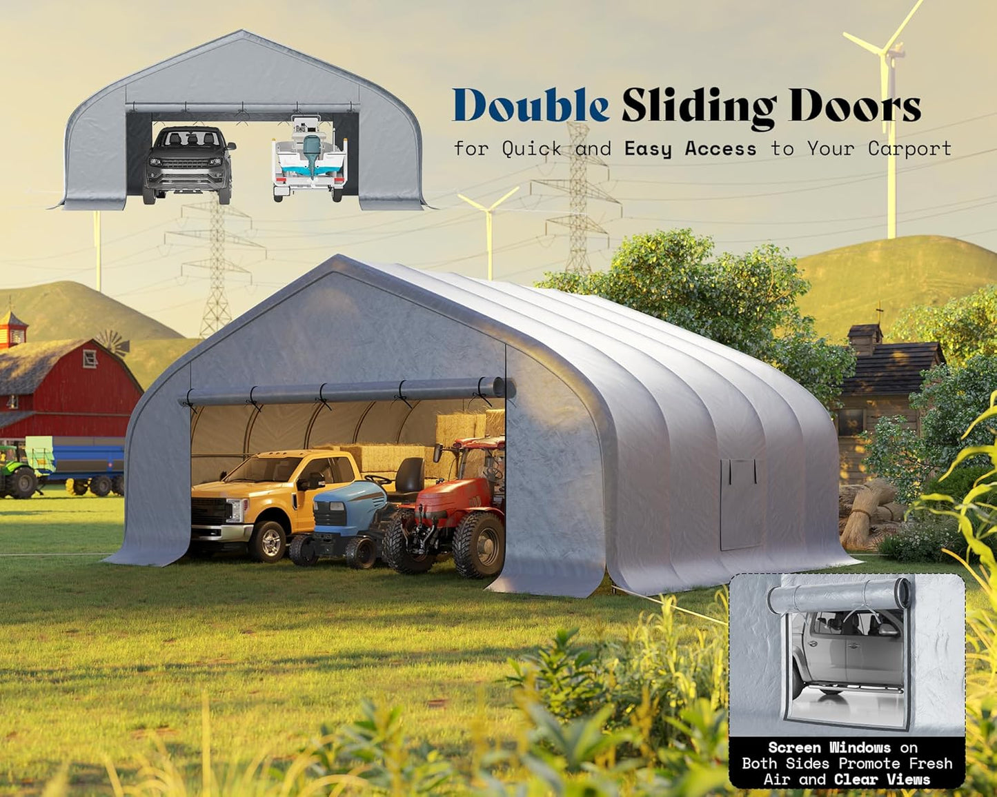 AMERLIFE 22.5 x 20FT Heavy Duty Double Carport, Galvanized Steel Frame Garage Shelter,Outdoor Storage, Waterproof 3-Layer PE Cover, Fits 2 Cars, Boat, Farm Equipment, Silver Grey