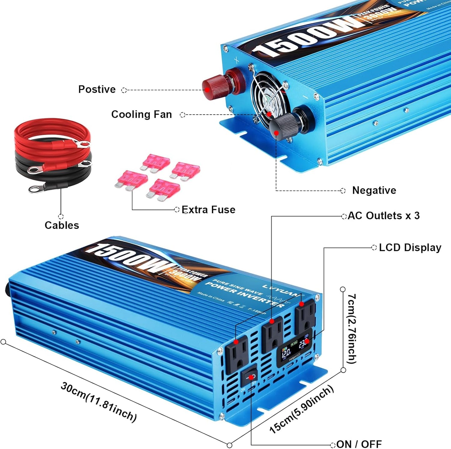 LVYUAN 1500 Watt Pure Sine Wave Inverter 12V to 110V 120V DC to AC with LCD Display, 3 U.S. Outlet, USB Charger Ports, Car Power Inverter for Vehicles, RV, Outdoor, Home