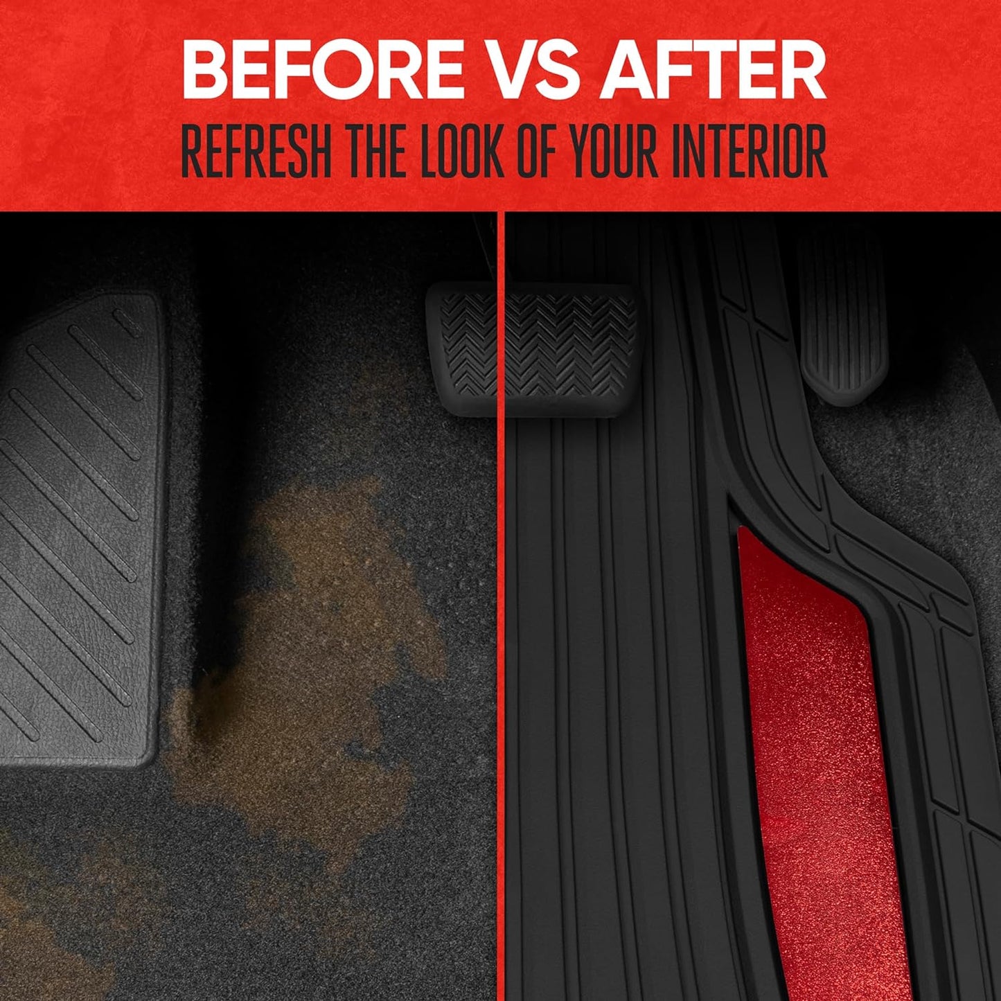 Motor Trend ChromeTech Car Floor Mats Full Set - Durable Rubber Floor Mats for Cars with Two Tone Accent, All Weather Interior Protection for Front and Rear with Non-Slip Backing, Red Chrome