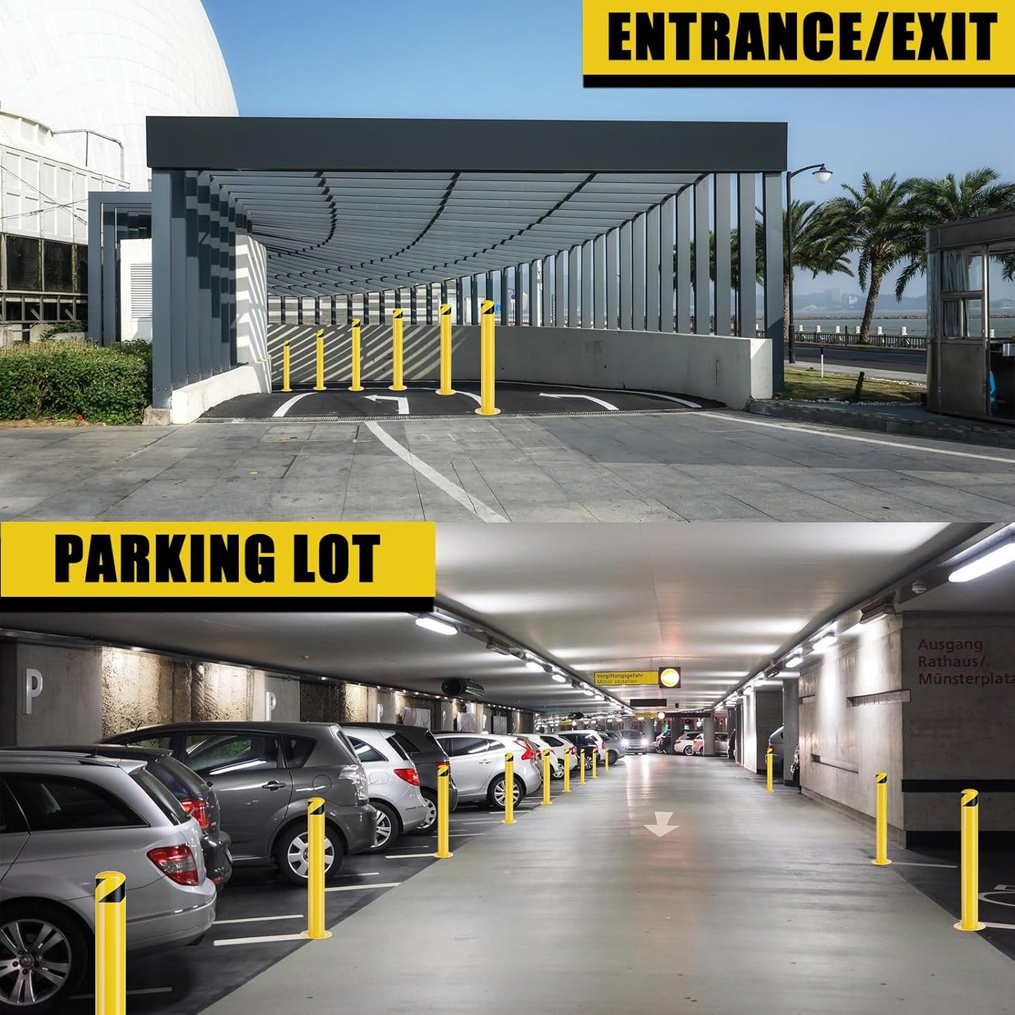 Safety Bollards, Steel Bollard Post, Yellow Powder Coated Safety Parking Barrier Post for High Traffic Areas (42inch 6Pack)